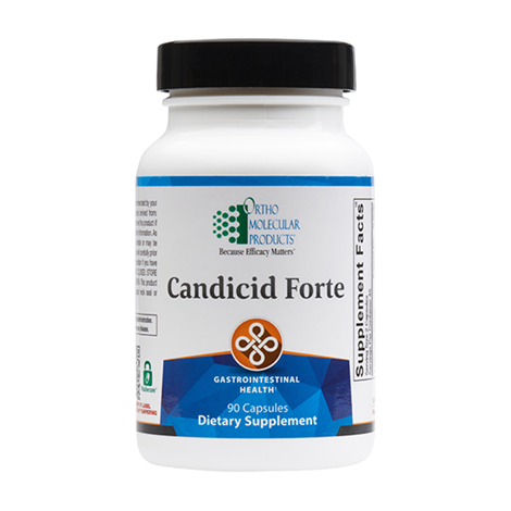 Bottle of Candidic Forte dietary supplement with black cap and label indicating it contains 90 capsules for gastrointestinal health.