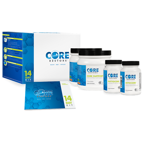 Core Restore supplement bottles and a 14-day kit box on a black background.