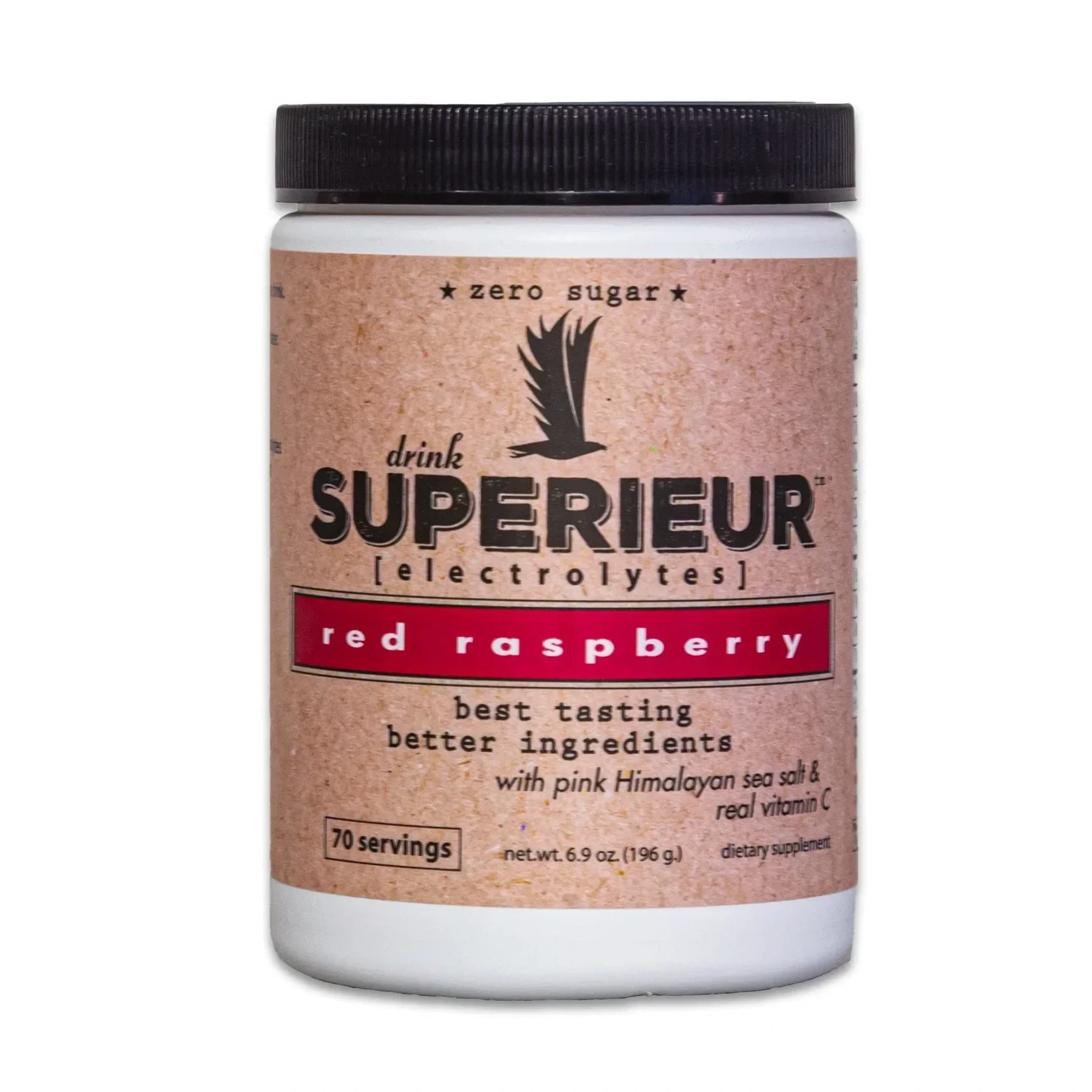A container of Superieur electrolytes drink mix in original flavor with red raspberry, featuring a pink Himalayan sea salt and vitamin C, containing 70 servings.