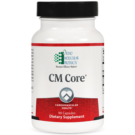 Bottle of Ortho Molecular Products CM Core dietary supplement with 90 capsules for cardiovascular health, black cap, white label, red and green accents.