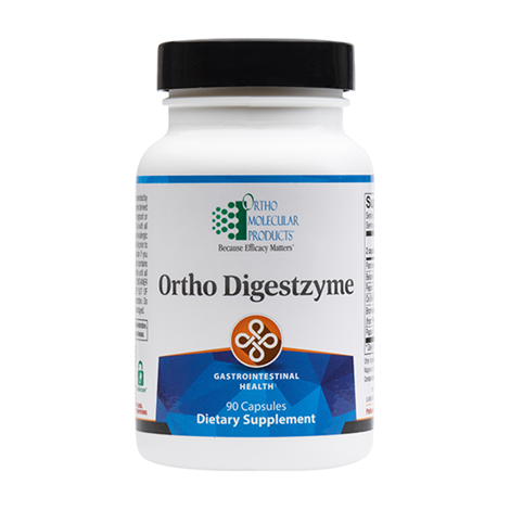 Bottle of Ortho Digestzyme dietary supplement with black lid and label indicating gastrointestinal health benefits.