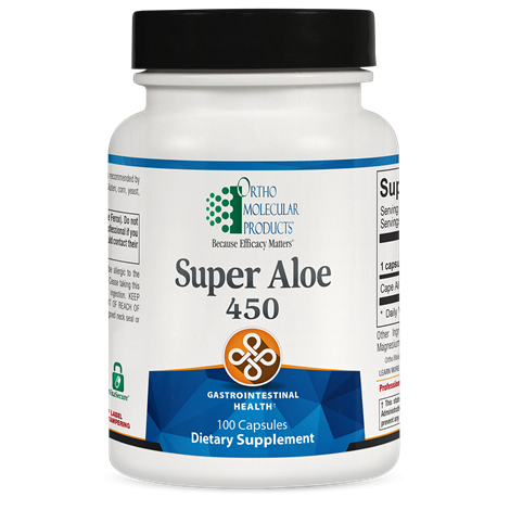 Bottle of Super Aloe 450 dietary supplement capsules by Ortho Molecular Products