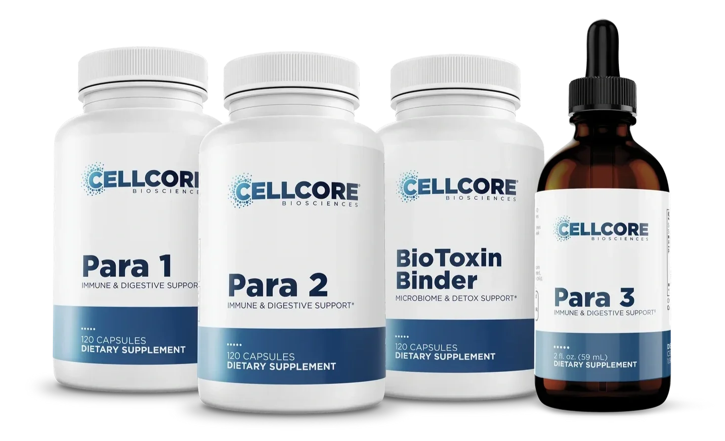 Four bottles of dietary supplements from CellCore Biosciences, labeled Para 1, Para 2, BioToxin Binder, and Para 3, with blue and white labels, and a brown glass dropper bottle of Para 3.