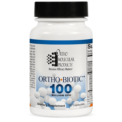 A bottle of Ortho Biotic dietary supplement with 30 capsules from Ortho Molecular Products, labeled with 100 billion CFU.