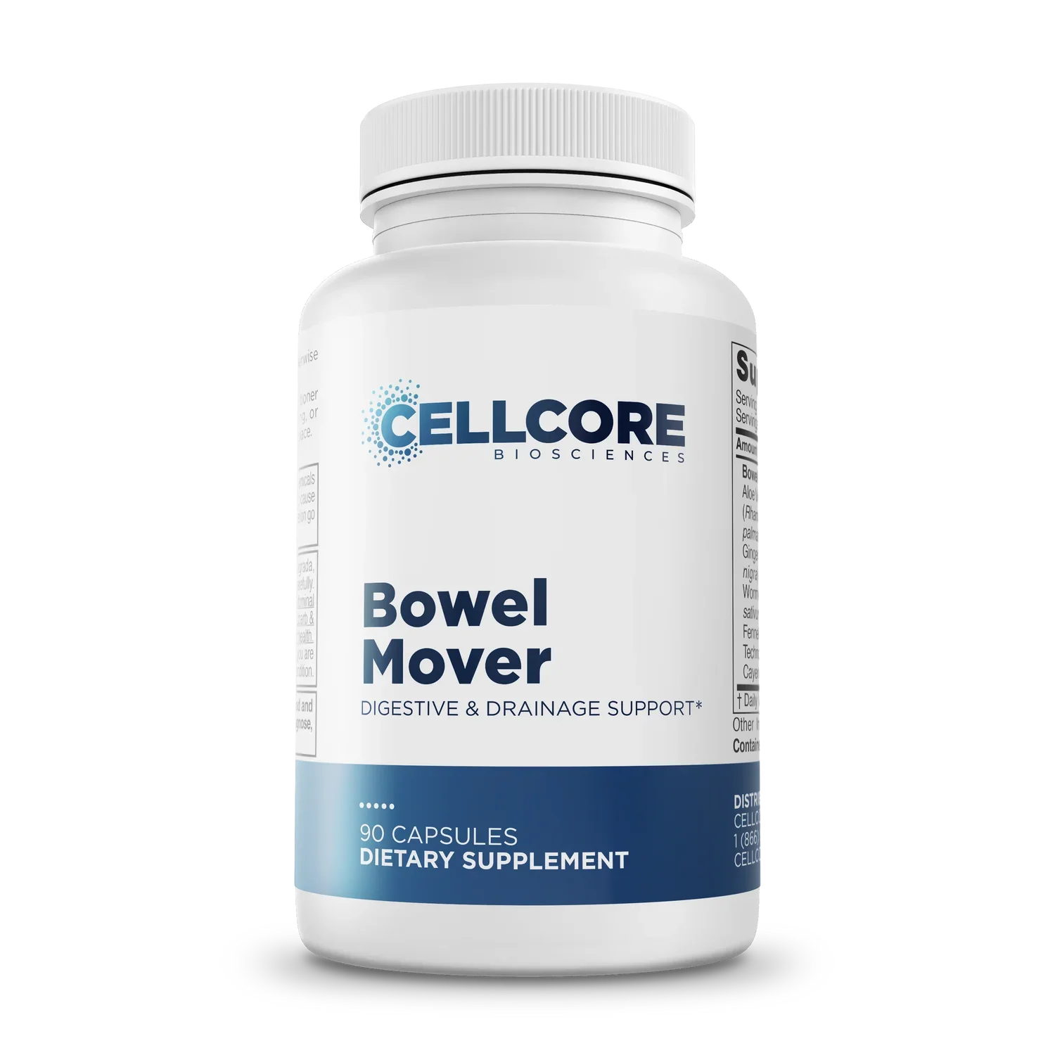 Bottle of Cellcore Biosciences Bowel Mover dietary supplement containing 90 capsules.