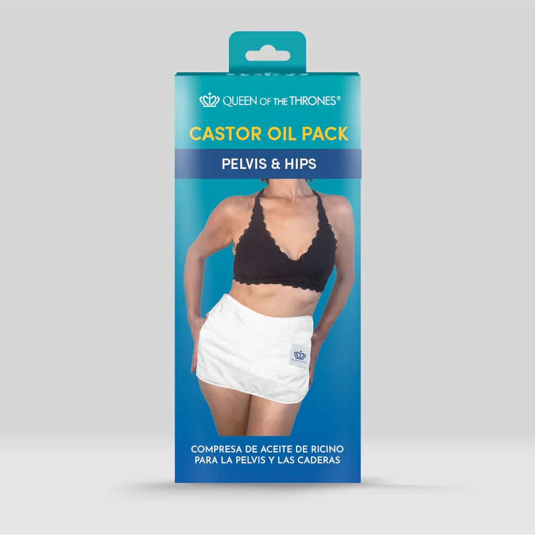 Packaging of castor oil pack with a woman wearing a black top and white skirt, showing the product for the pelvis and hips, branded Queen of the Thrones.