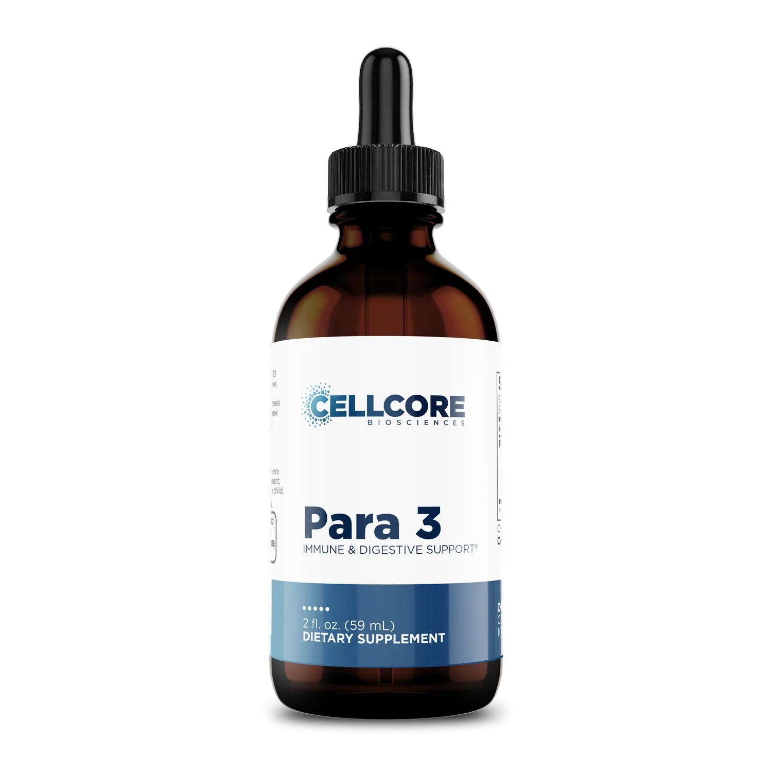 Bottled dietary supplement called Para 3 by Cellcore Biosciences for immune and digestive support.