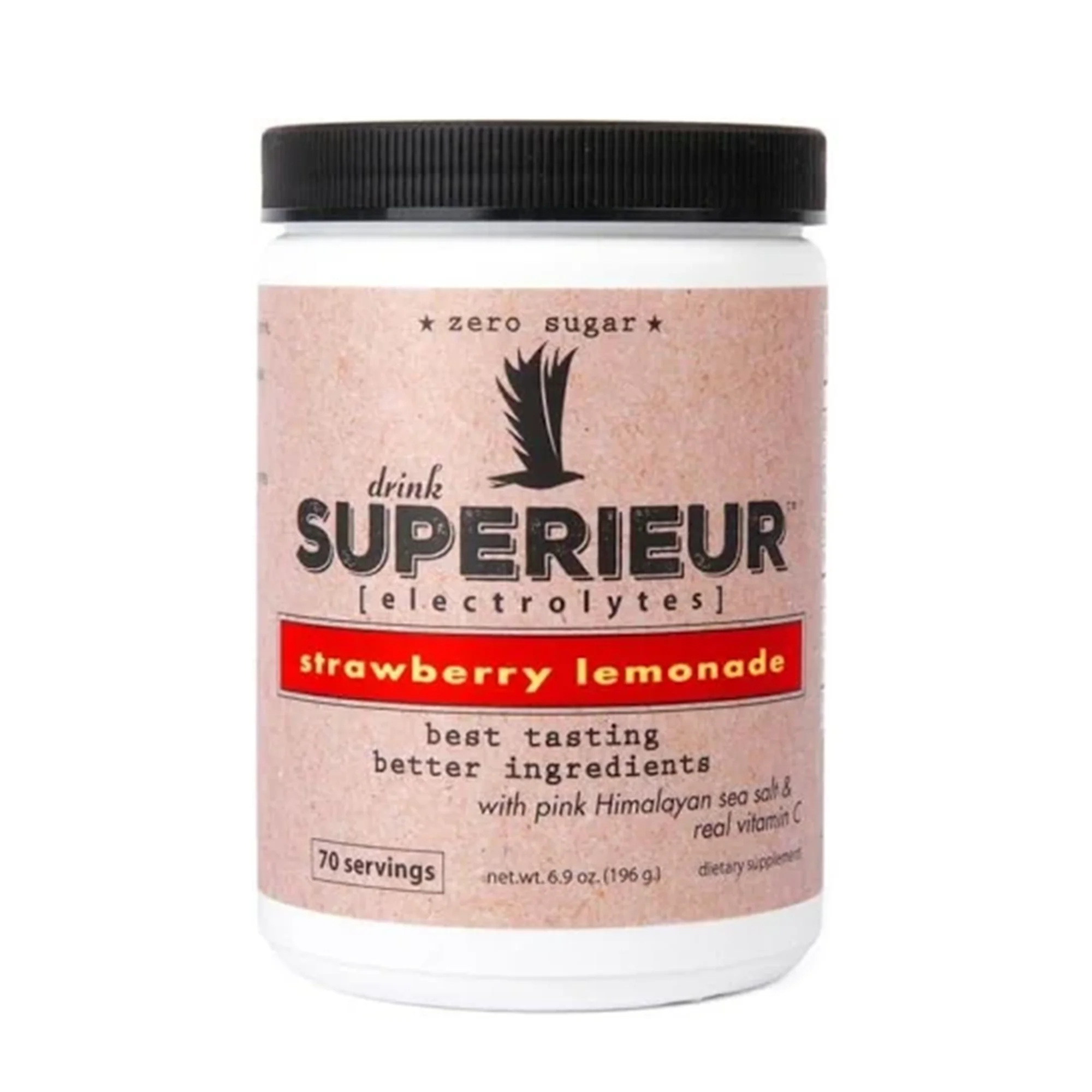 Container of Superieur Electrolytes drink with strawberry lemonade flavor, zero sugar, 70 servings.
