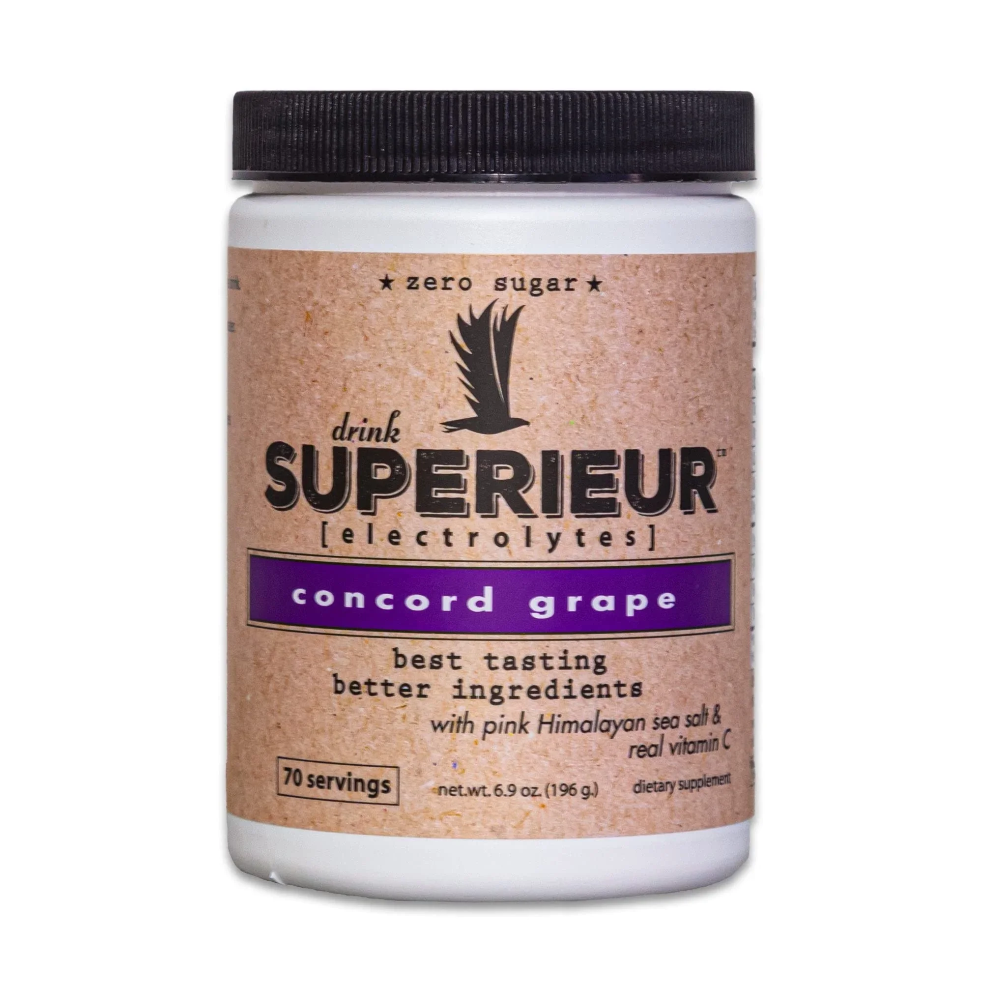 Container of Superieur electrolyte drink powder with concord grape flavor, zero sugar, 70 servings, featuring ingredients like pink Himalayan sea salt and vitamin C.