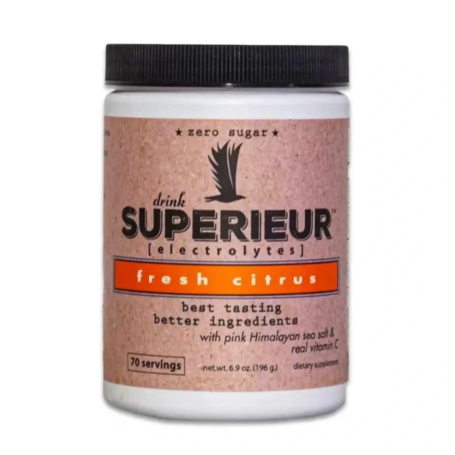 Container of Superieur dietary supplement with fresh citrus flavor, zero sugar, contains electrolytes, pink Himalayan sea salt, and vitamin C, net weight 6.9 ounces, 70 servings.