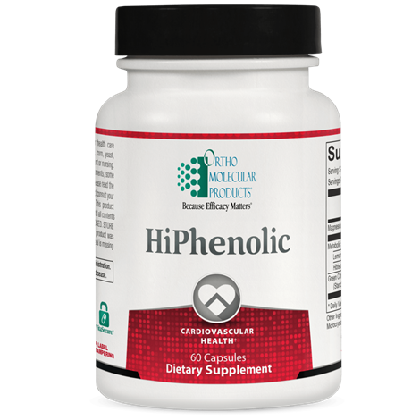 Bottle of HiPhenolic dietary supplement capsules for cardiovascular health by Ortho Molecular Products.