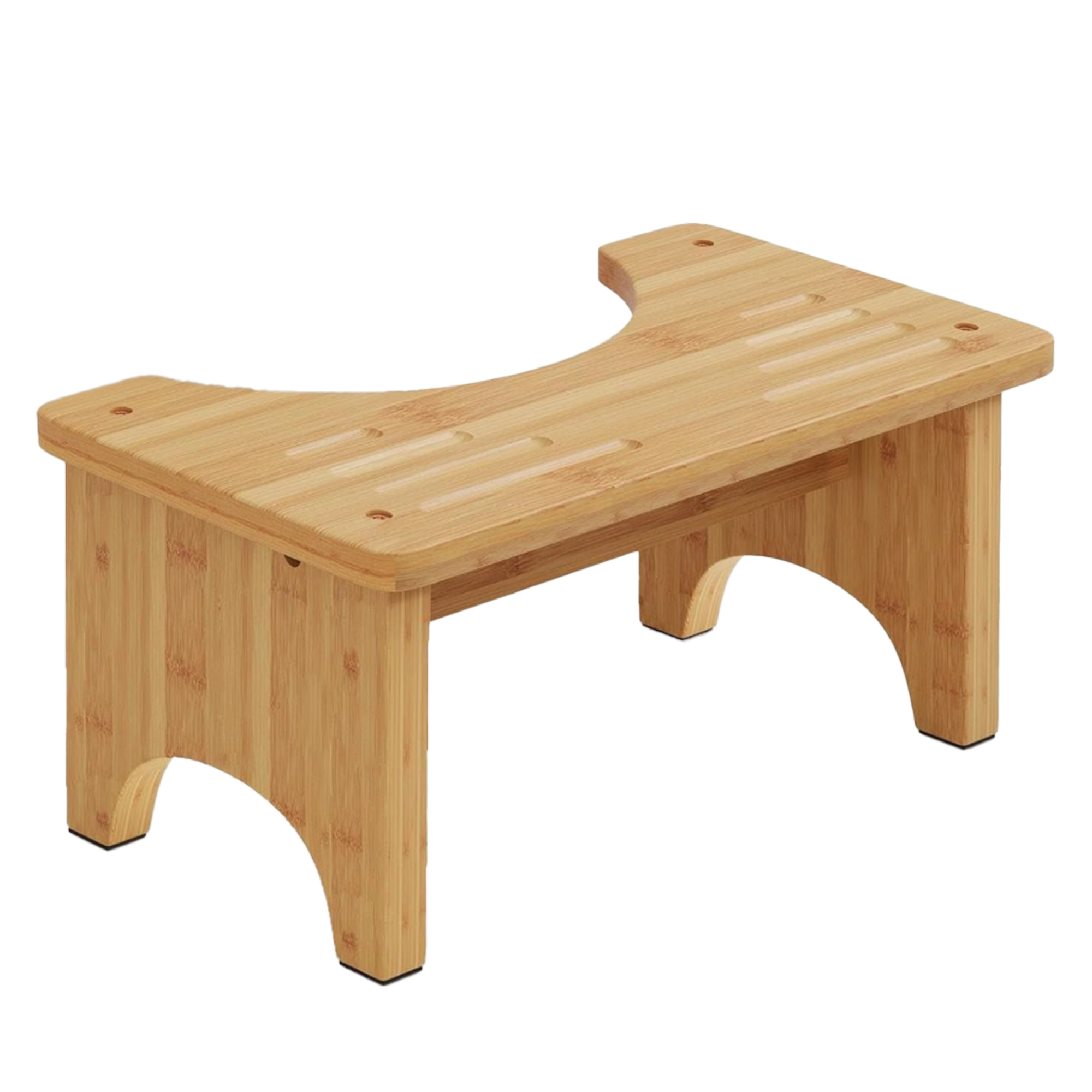 Small wooden bench with a curved seat and engraved markings on the surface.