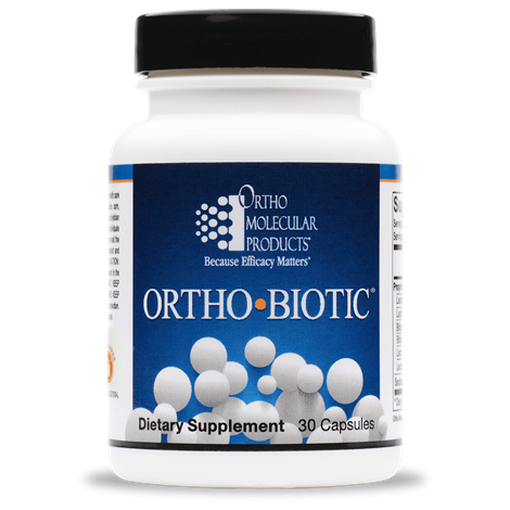 Bottle of Ortho Biotic dietary supplement with 30 capsules, featuring a blue and white label with a molecular diagram.