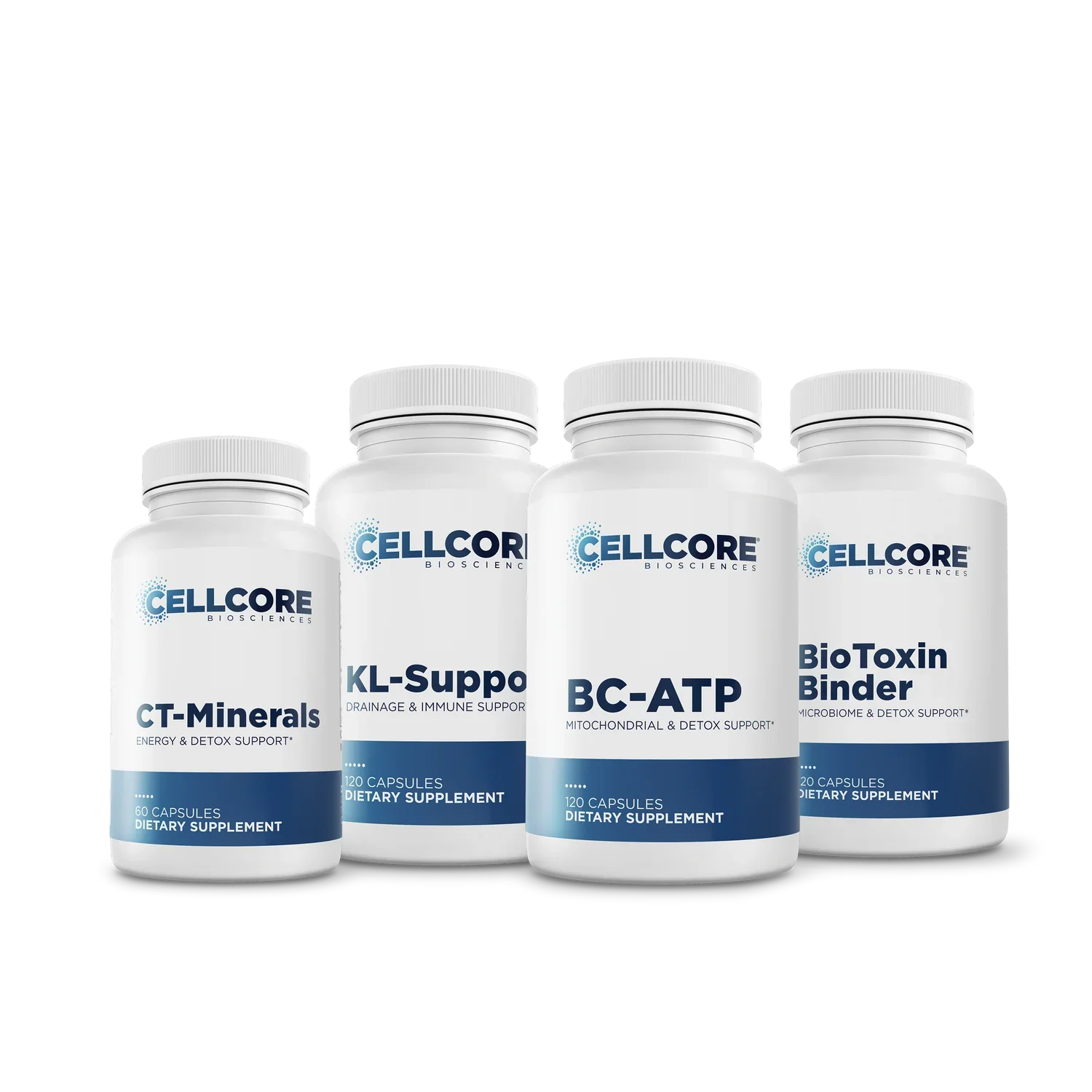 Four white bottles of dietary supplements from Cellcore Biosciences with blue labels, labeled CT-Minerals, KL-Support, BC-ATP, and BioToxin Binder, each containing 120 capsules.