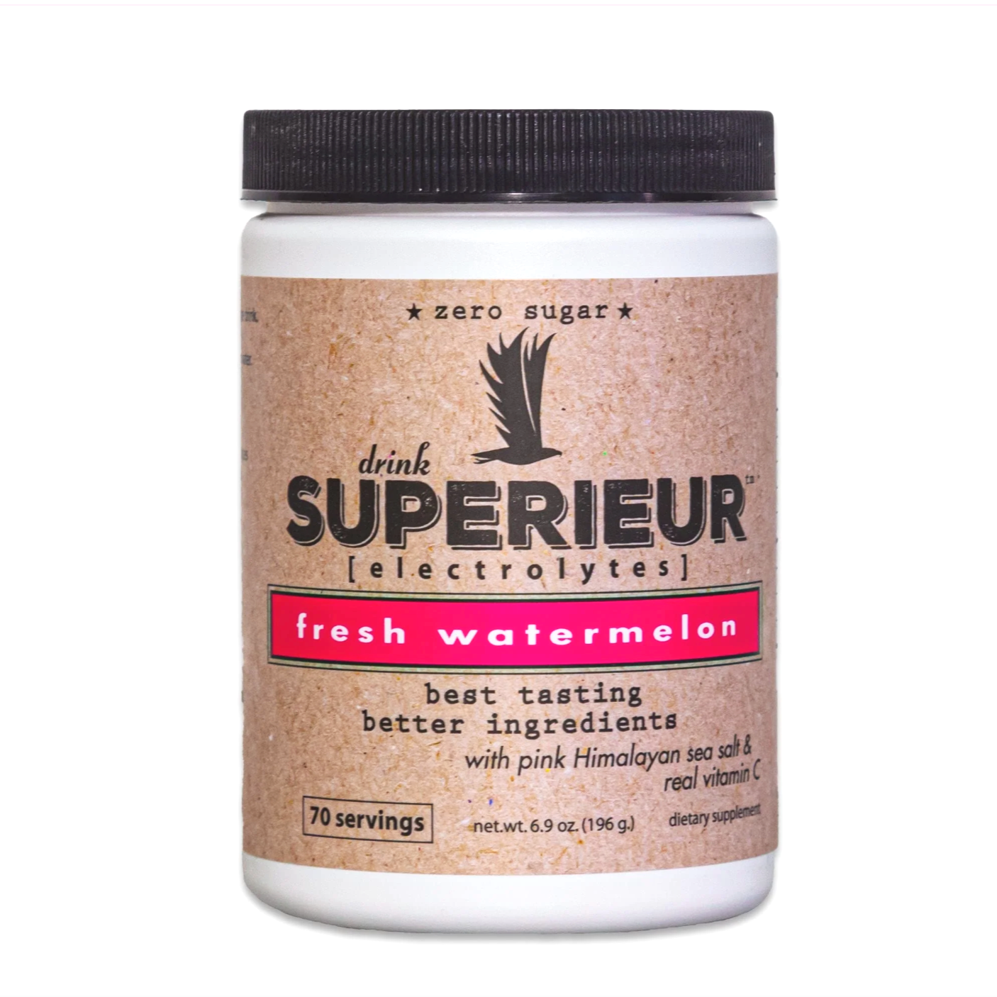 Container of Superieur Electrolytes, flavor fresh watermelon, with zero sugar and pink Himalayan sea salt, 70 servings