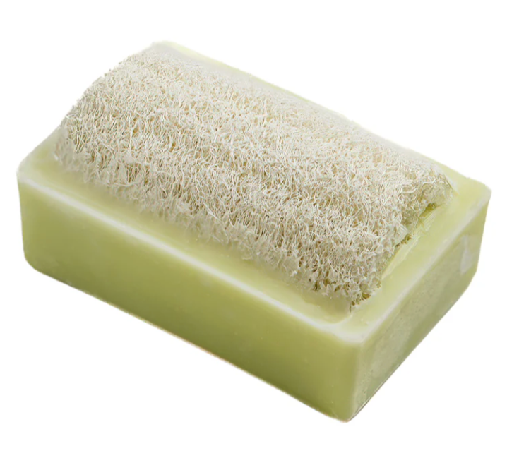 A bar of light green soap with a textured, loofah-like top layer