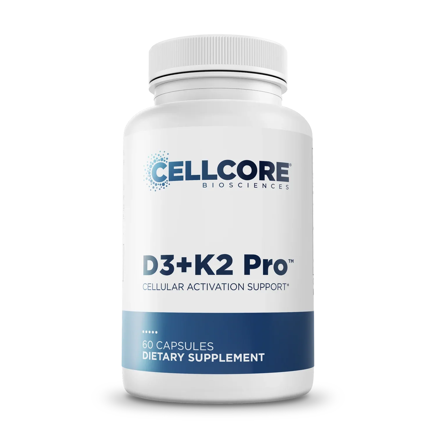 Bottle of Cellcore D3+K2 Pro dietary supplement with 60 capsules