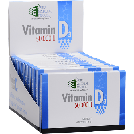 Display box containing multiple bottles of Ortho Molecular Products Vitamin D3 dietary supplements.