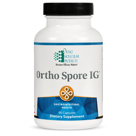Bottle of Ortho Spore IG dietary supplement with 90 capsules, labeled for gastrointestinal health.