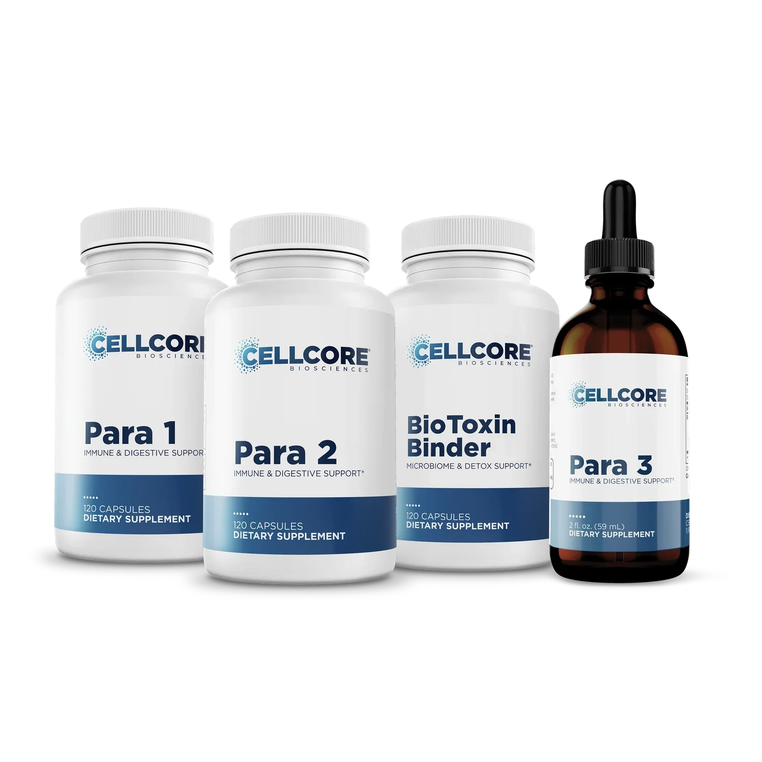 Supplements labeled Para 1, Para 2, BioToxin Binder, and Para 3 from Cellcore Biosciences for immune, detox, and digestive support.