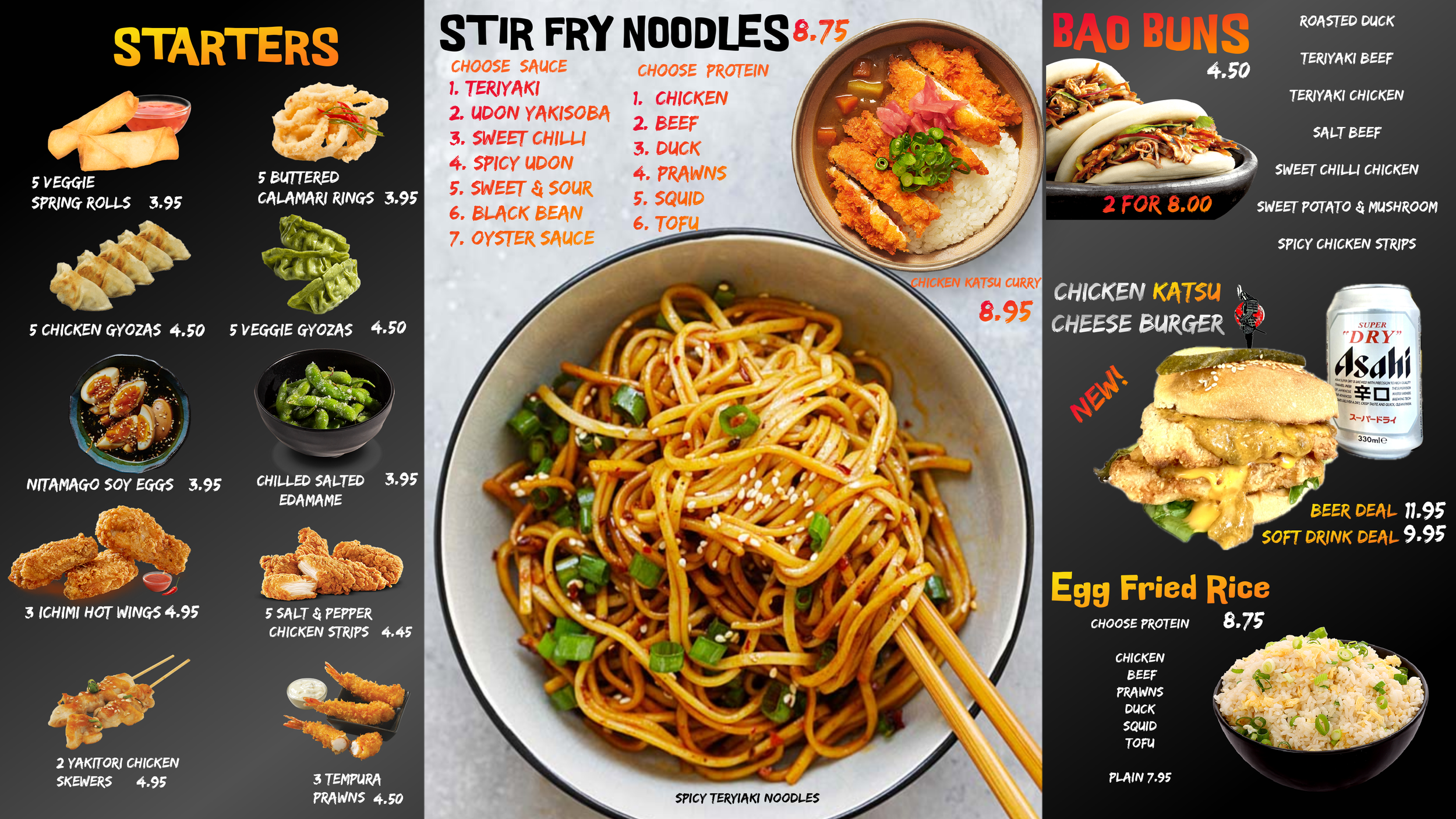 Menu featuring starters, stir fry noodles, bao buns, chicken katsu, egg fried rice, and drinks. Starters include veggie spring rolls, calamaris, chicken and veggie gyozas, soy eggs, salted edamame, chicken wings, chicken strips, yakitori skewers, tempura prawns, and chicken strips. Stir fry noodles with choice of sauce and protein, priced at 8.75. Bao buns with various fillings, 2 for 8.00. Chicken katsu cheese burger with beer or soft drink deals. Egg fried rice with 5 protein options, plain version also available.