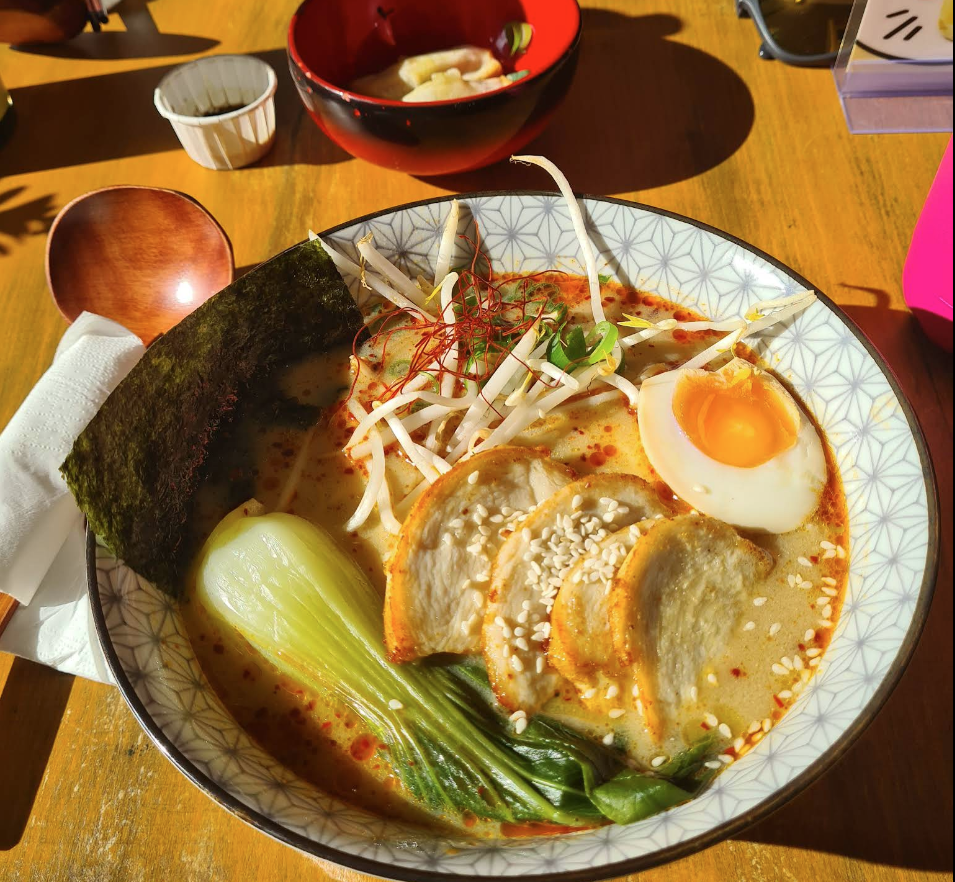 Bowl of ramen with half a boiled egg, sliced chicken, seaweed, green onion, bean sprouts, and bok choy, served in a patterned bowl.