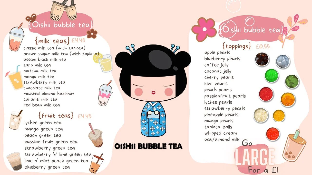 Menu of OiShii Bubble Tea with colorful illustrations of drinks and toppings, featuring sections for milk teas, fruit teas, and toppings, with prices, a cartoon girl in a blue yukata, and a pink background.