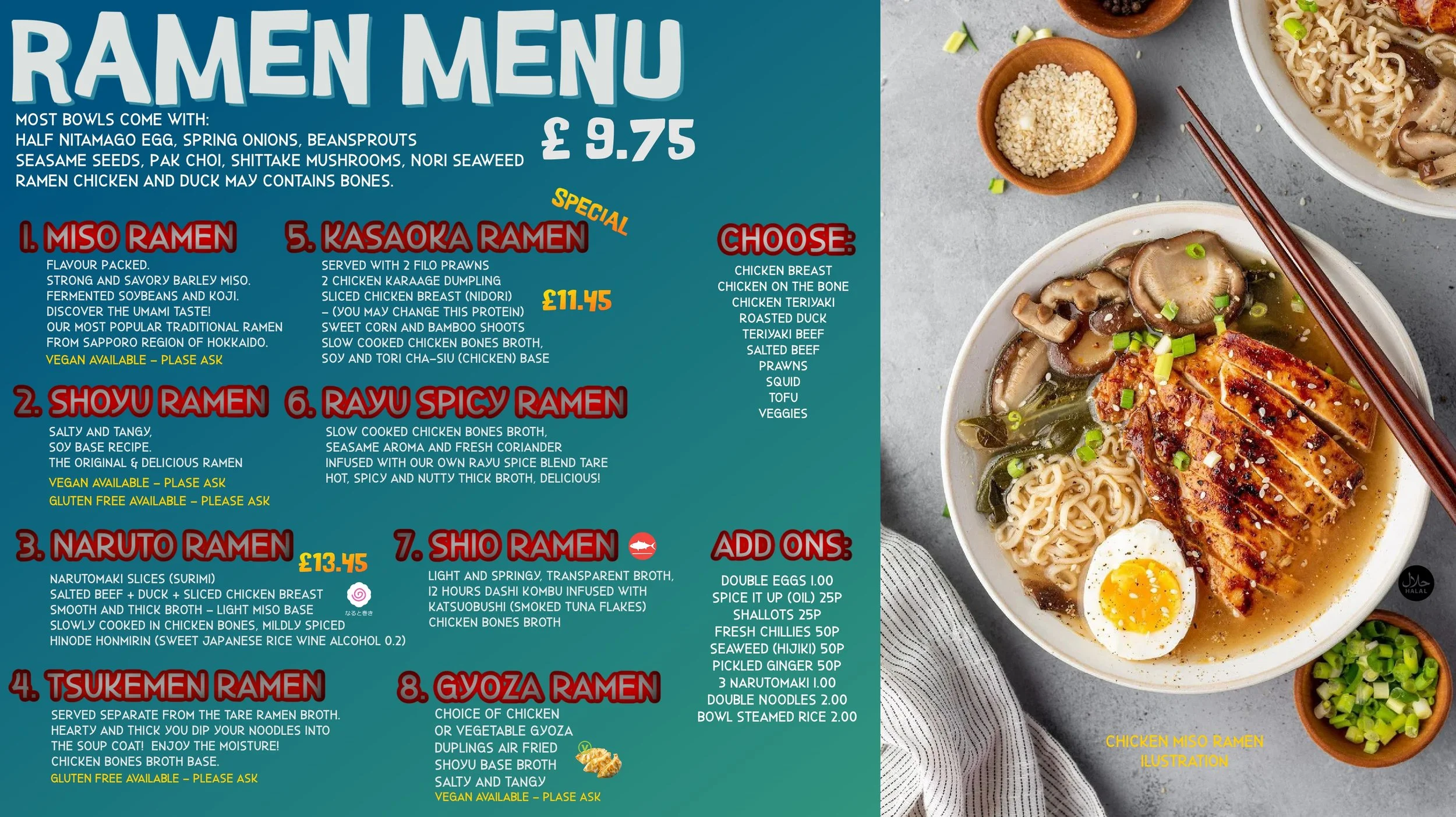 A ramen menu featuring various ramen dishes including Miso, Shoyu, Naruto, Tsukemen, Gyoza, Kasaoka, Rayu Spicy, Shio, and additional options. An image of a bowl of chicken miso ramen with toppings such as sliced pork, eggs, and vegetables is shown.