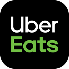 Uber Eats logo with a black background, white 'Uber' text, and green 'Eats' text.