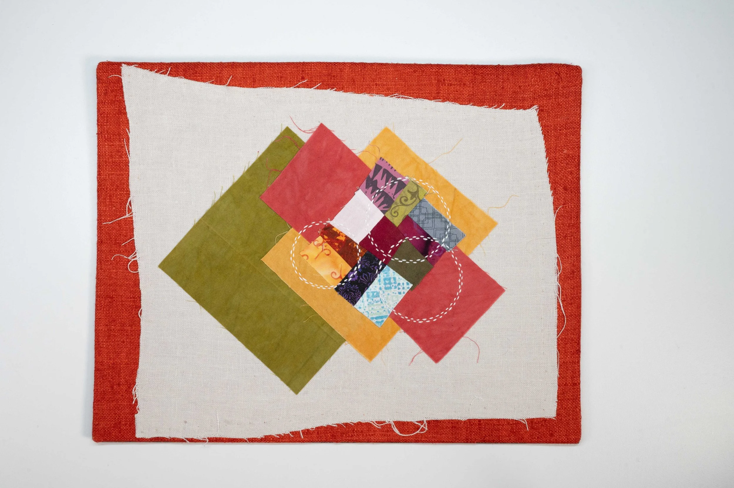 Unfinished Business No. 4 • 2025
• Improv pieced reclaimed and hand-dyed fabric, sashiko, Brussels Washer Linen, mounted on board
• 11 x 14 in.
• Available