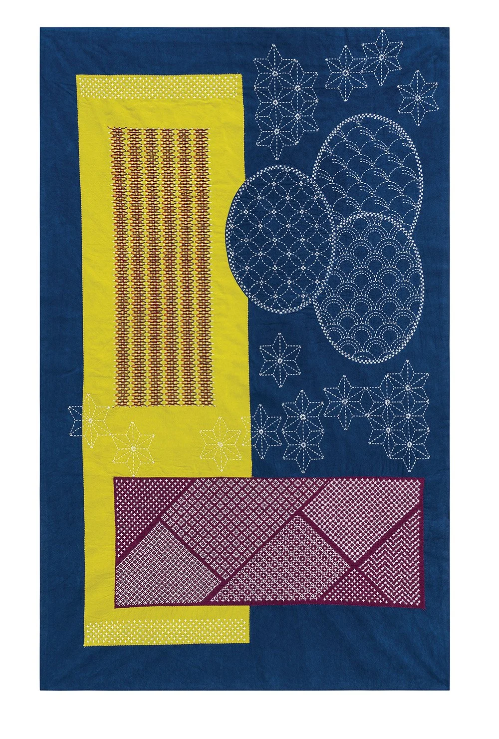 Sashiko Sampler no. 1: Wall hanging constructed from Cherrywood Hand Dyed Fabric and hand stitched in hitomezashi and moyouzashi styes of sashiko.