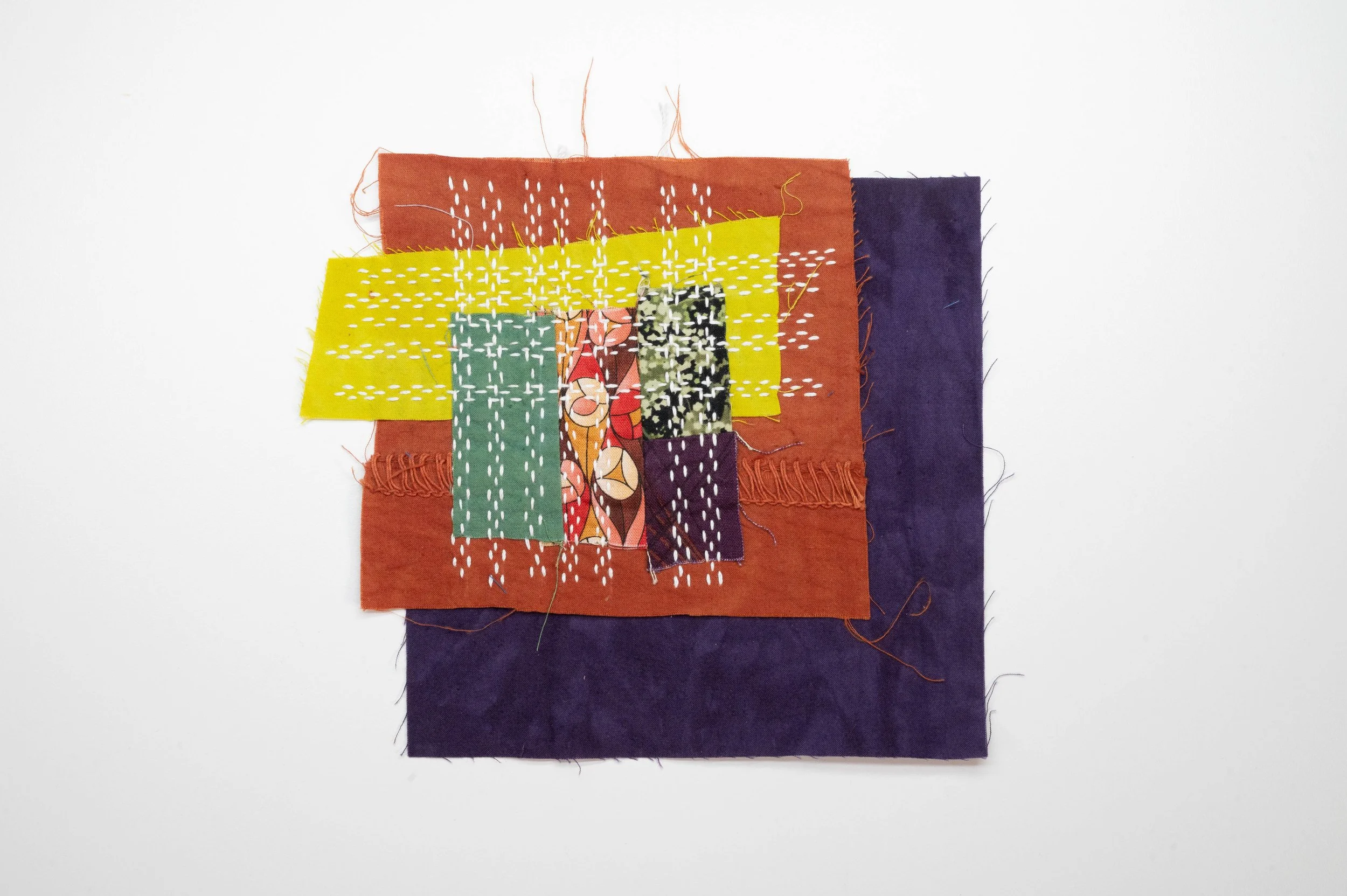 Boro'd Time No. 6 • 2025
• Improv pieced reclaimed and hand-dyed fabric, moyouzashi sashiko
• 6 x 6 in.
• Available