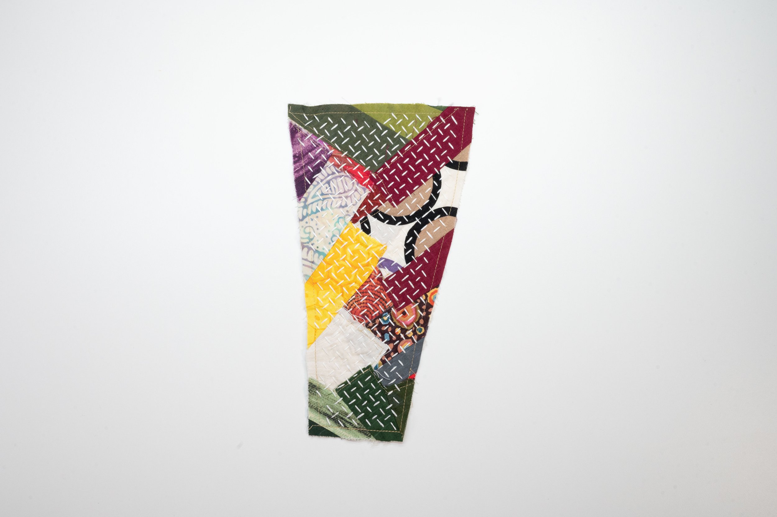 Reclaimed no. 10 • 2025
• Improv pieced reclaimed and hand-dyed fabric, hitomezasii sashiko
• 11 x 5 in. ea
• Available
