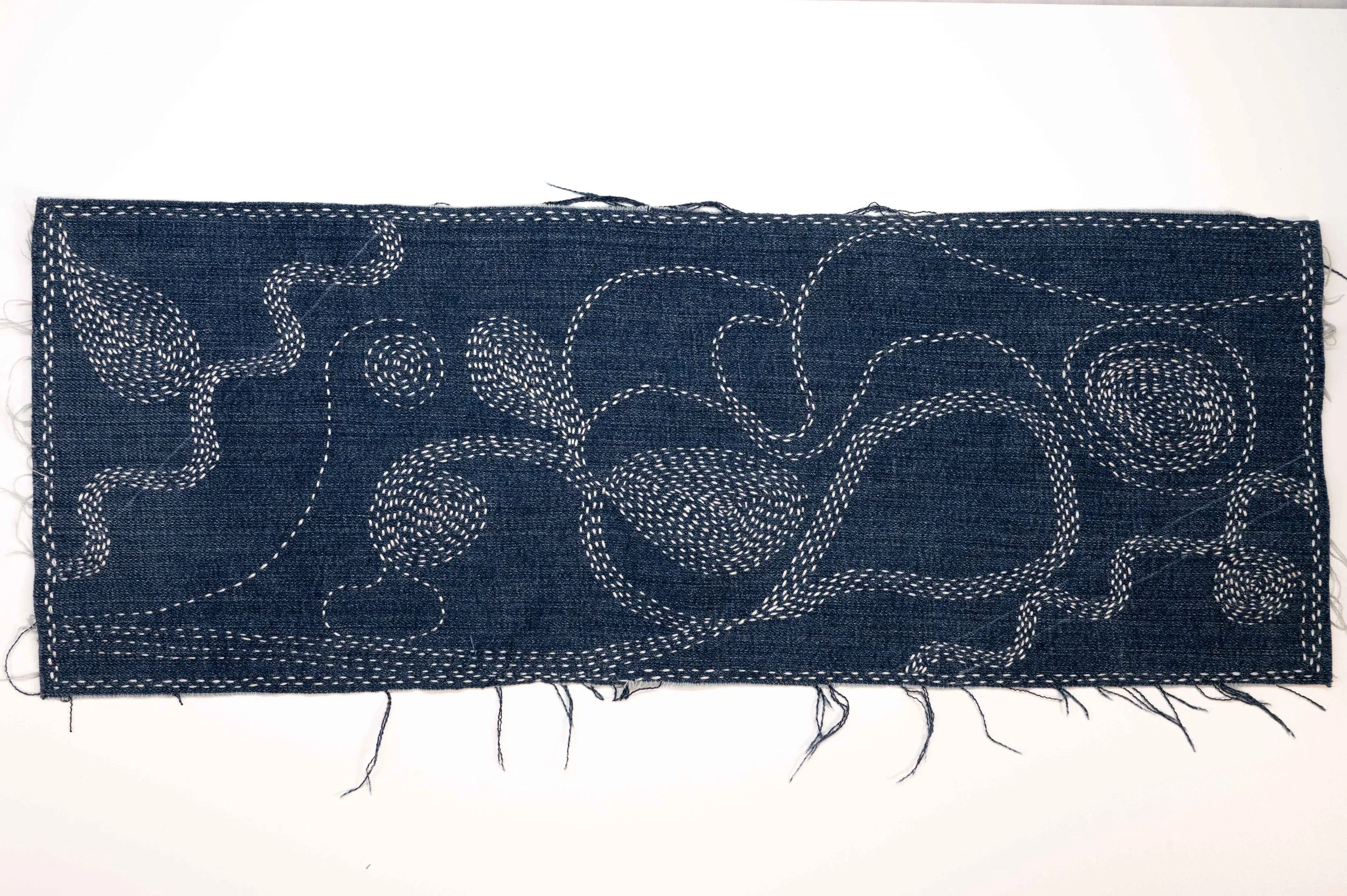Improv Sashiko Rivers. 2 • 2025
• reclaimed denim from fashion industry waste, aurifil cotton thread, moyouzashi sashiko
• 16 x 7 in.
• Available