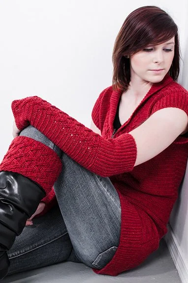 Designer Crochet Bad Ass 1 trio crocheted cabled leg warmers, wrist warmers and vest