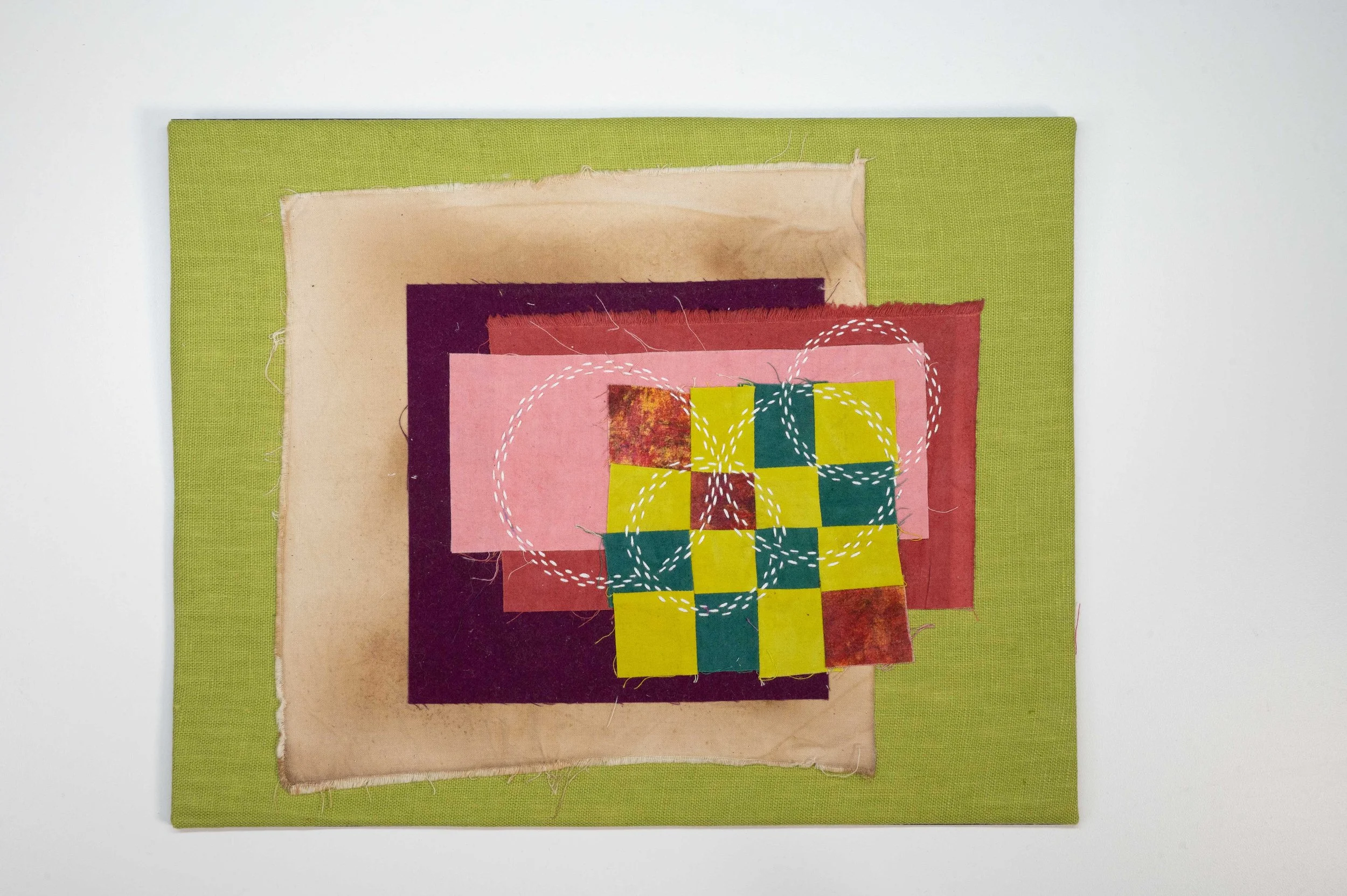 Unfinished Business No. 1 • 2025
• Improv pieced reclaimed and hand-dyed fabric, sashiko, Brussels Washer Linen, mounted on board
• 11 x 14 in.
• Available