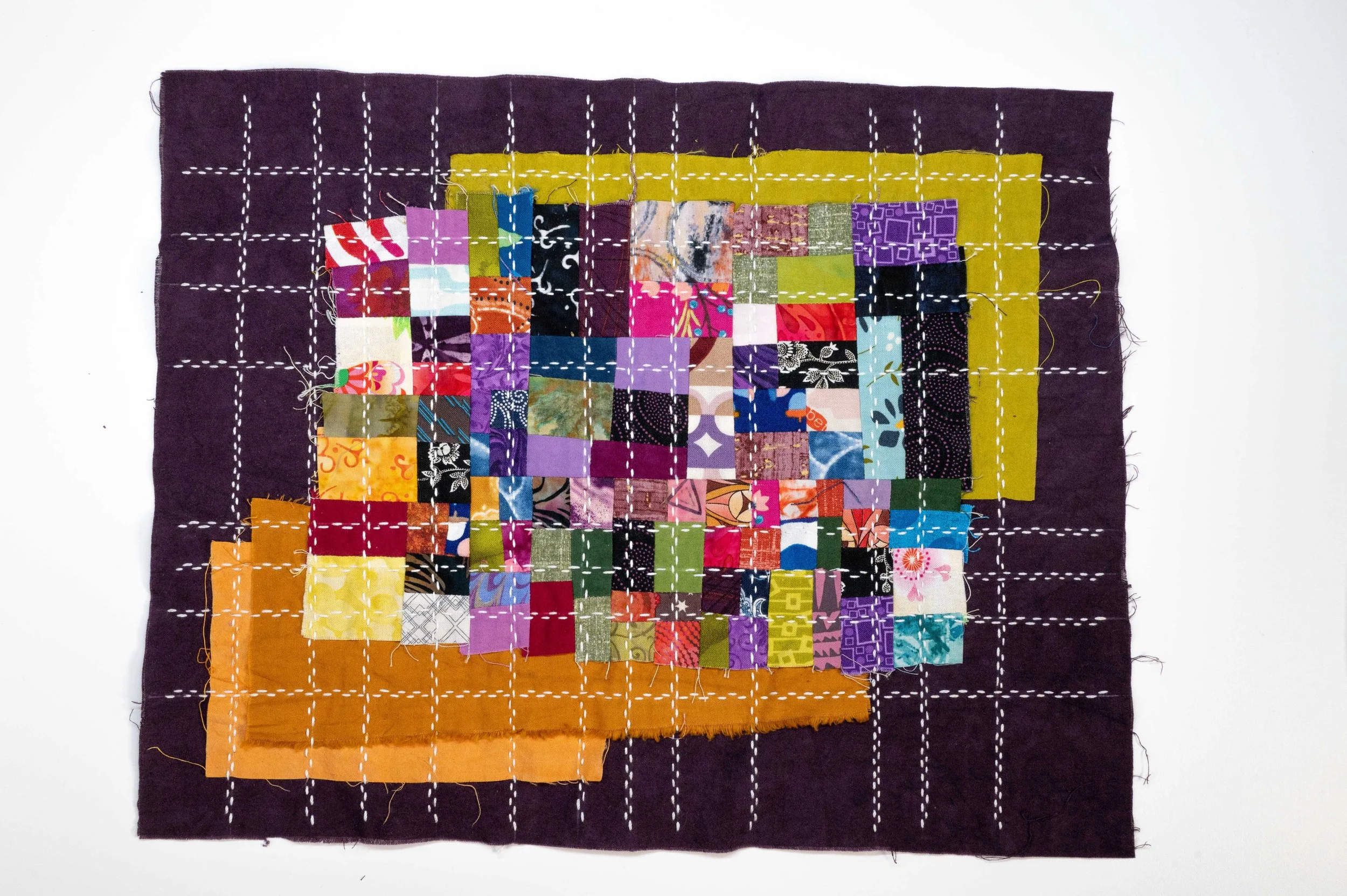 Boro'd Time No. 1 • 2025
• Improv pieced reclaimed and hand-dyed fabric, moyouzashi sashiko
• 10 x 8 in.
• Available