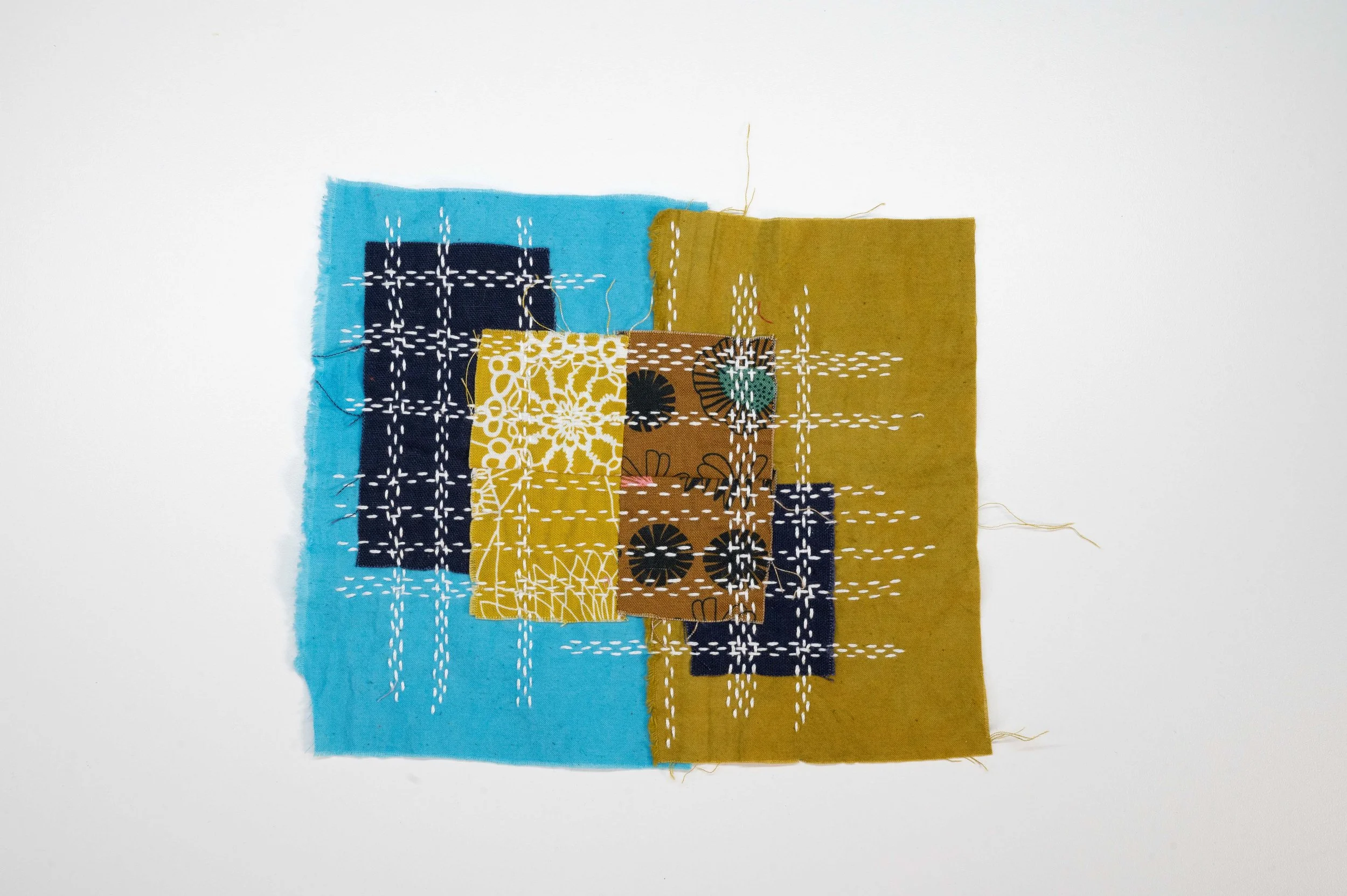 Boro'd Time No. 2 • 2025
• Improv pieced reclaimed and hand-dyed fabric, moyouzashi sashiko
• 4 x 4 in.
• Available