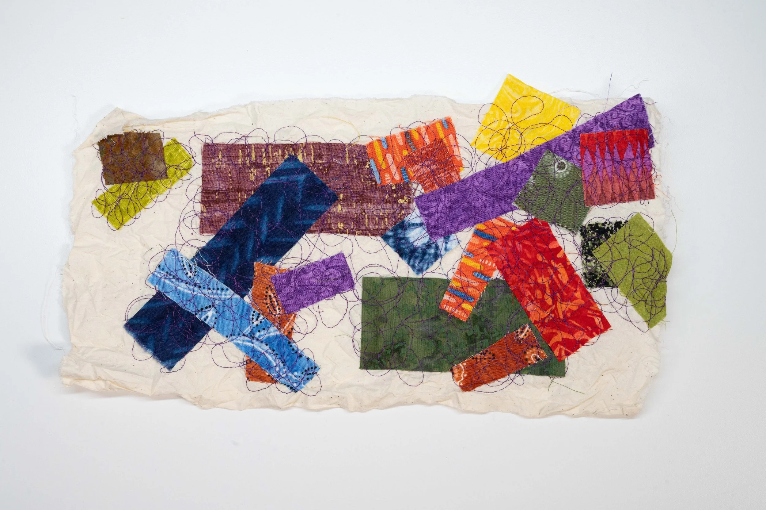 Flying Confetti no. 1 • 2025
• Improv pieced reclaimed and hand-dyed fabric, machine stitched
• 12 x 6 in.
• Available