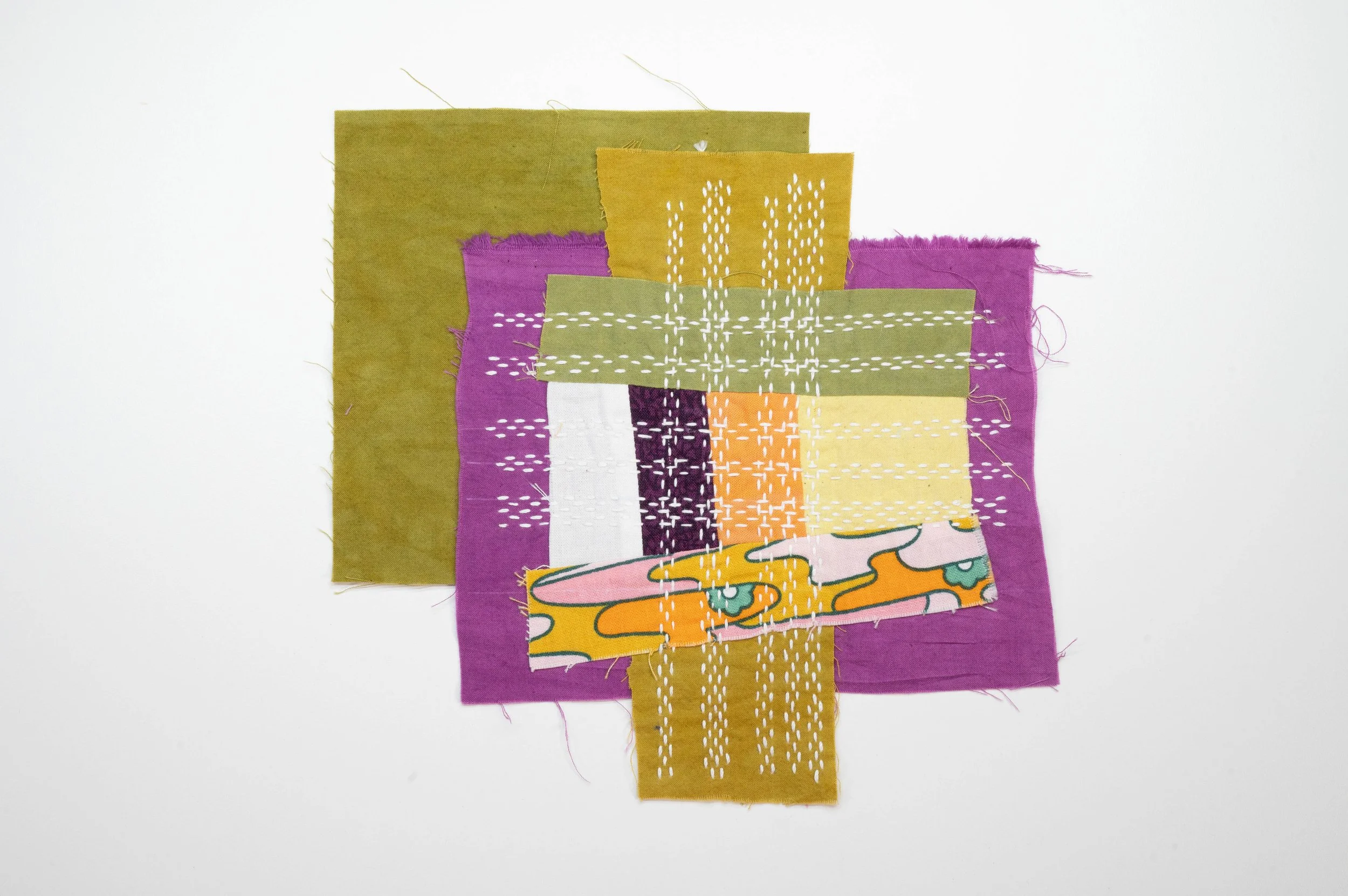 Boro'd Time No. 8 • 2025
• Improv pieced reclaimed and hand-dyed fabric, moyouzashi sashiko
• 5 x 6 in.
• Available