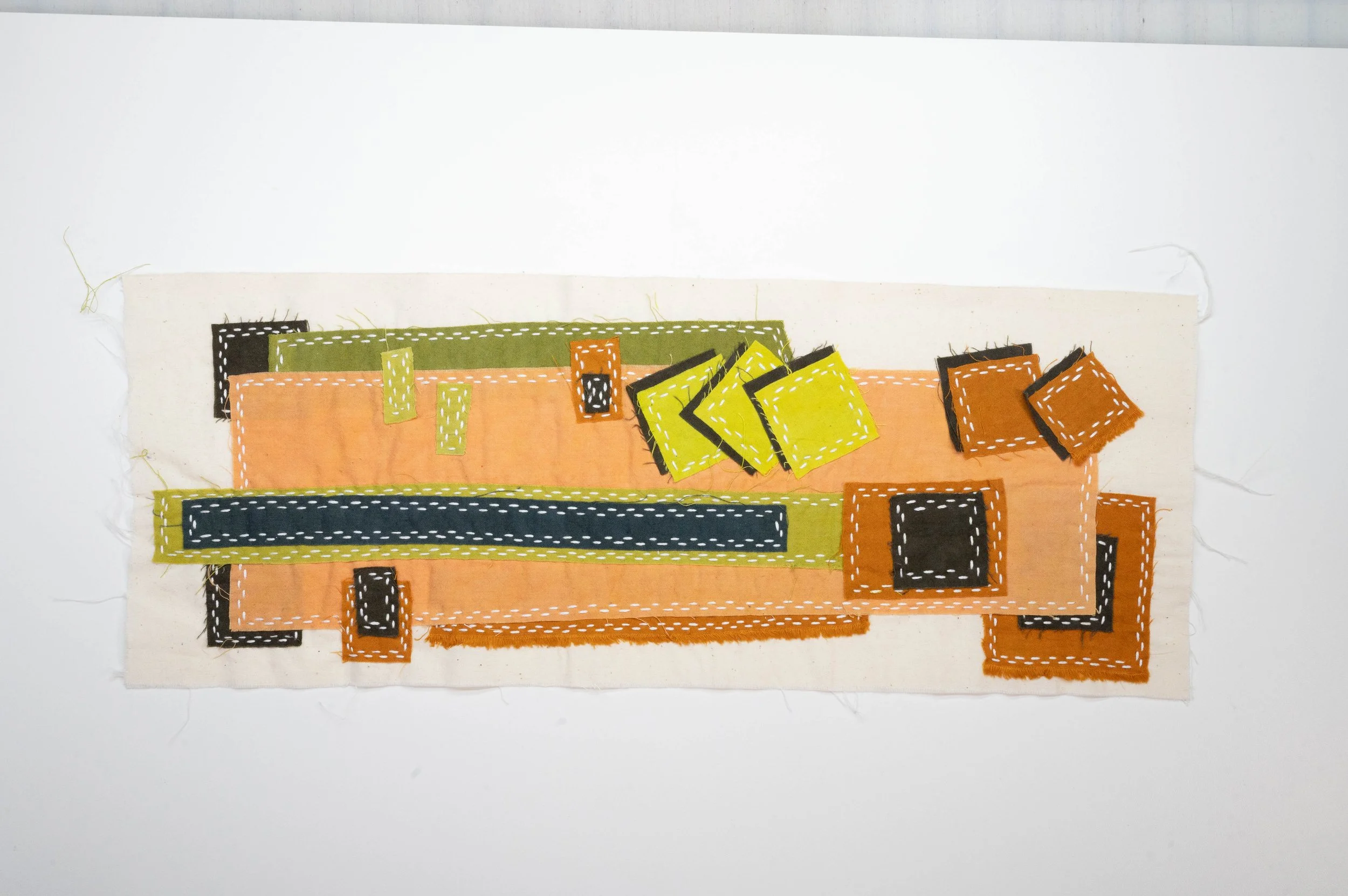 Boro Blocks no. 1 • 2025
• Improv pieced reclaimed and hand-dyed fabric, moyouzashi sashiko
• 8 x 20 in.
• Available