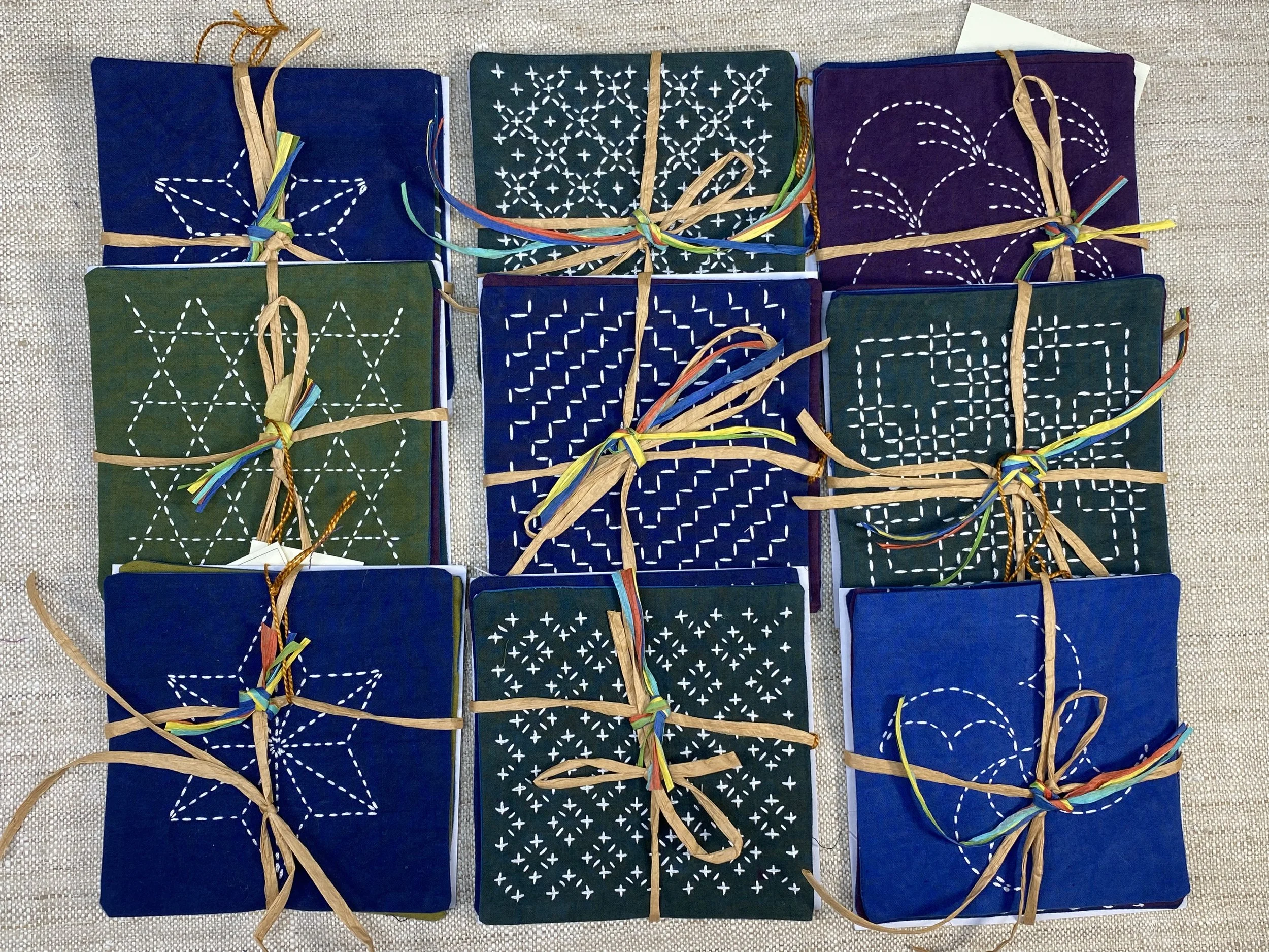 Sets of three, hand-stitched sashiko coasters in Cherrywood hand-dyed cotton