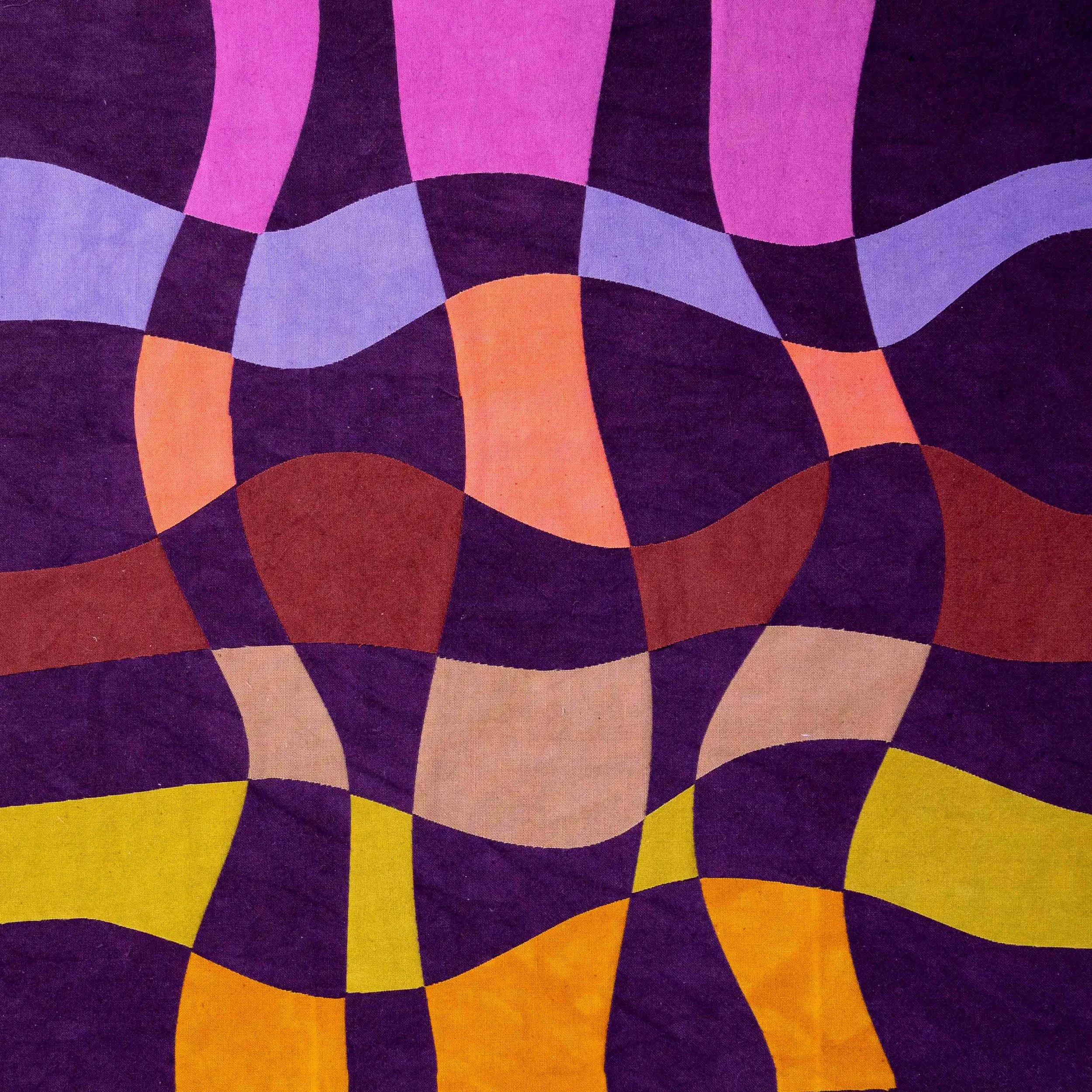 Abstract geometric painting with wavy shapes in purple, lavender, orange, red, beige, and yellow colors.
