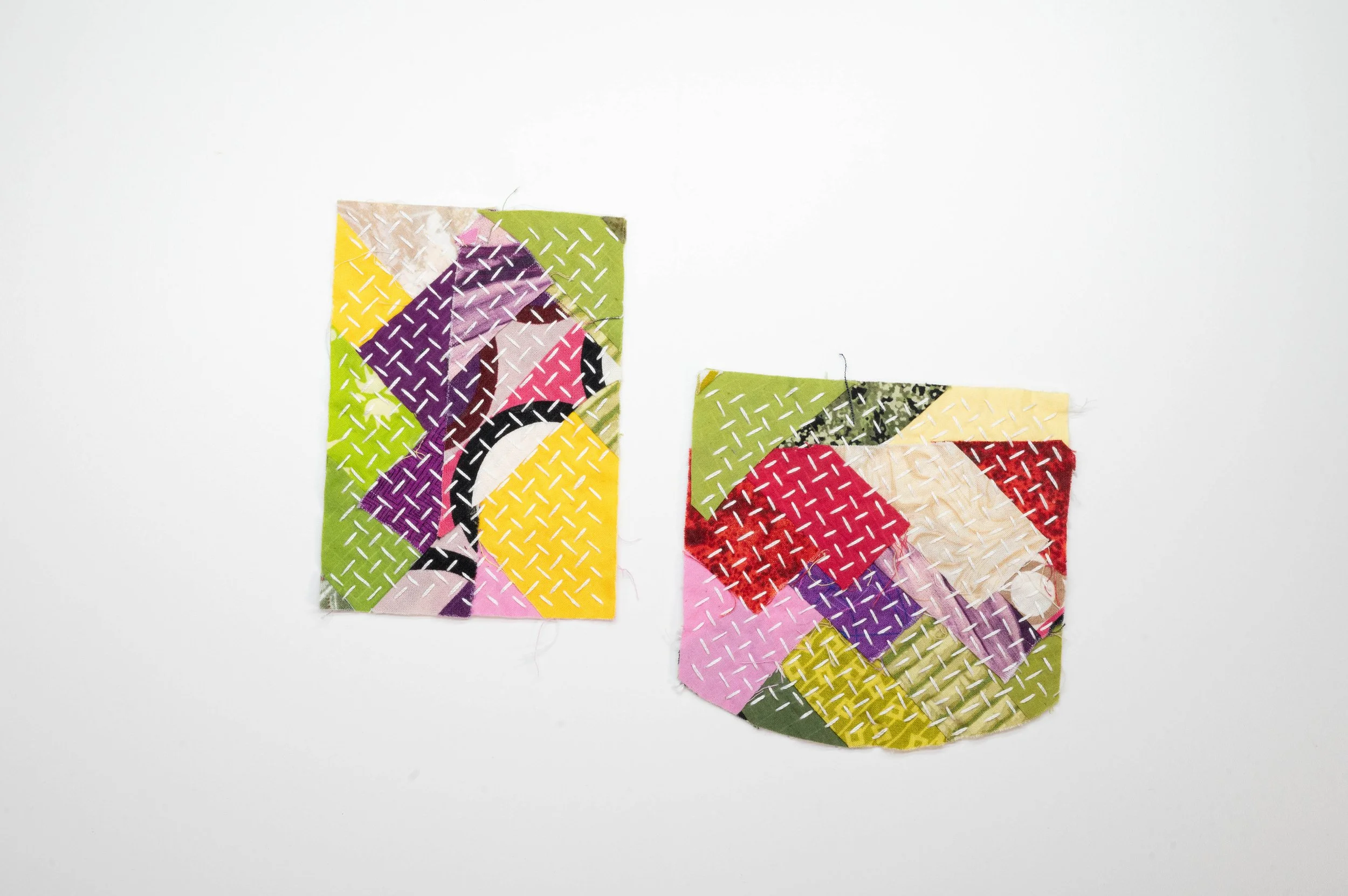 Reclaimed Duo no. 1 • 2025
• Improv pieced reclaimed and hand-dyed fabric, hitomezasii sashiko
• 4 x 4 in. ea
• Available