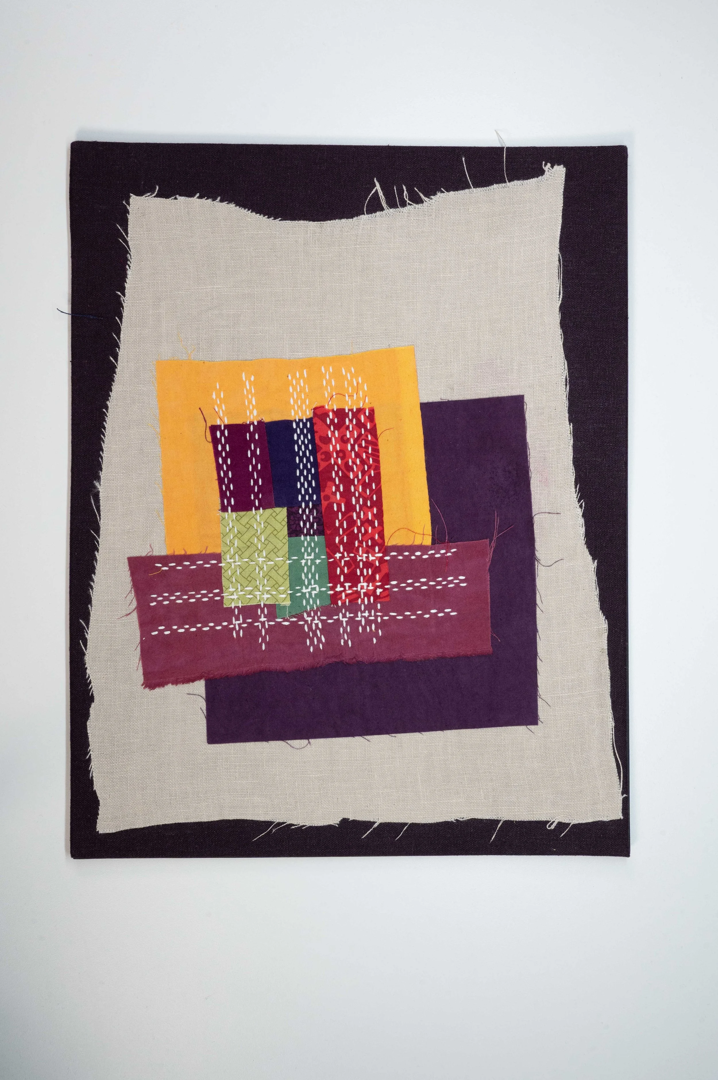 Unfinished Business No. 9 • 2025
• Improv pieced reclaimed and hand-dyed fabric, sashiko, Brussels Washer Linen, mounted on board
• 11 x 14 in.
• Available