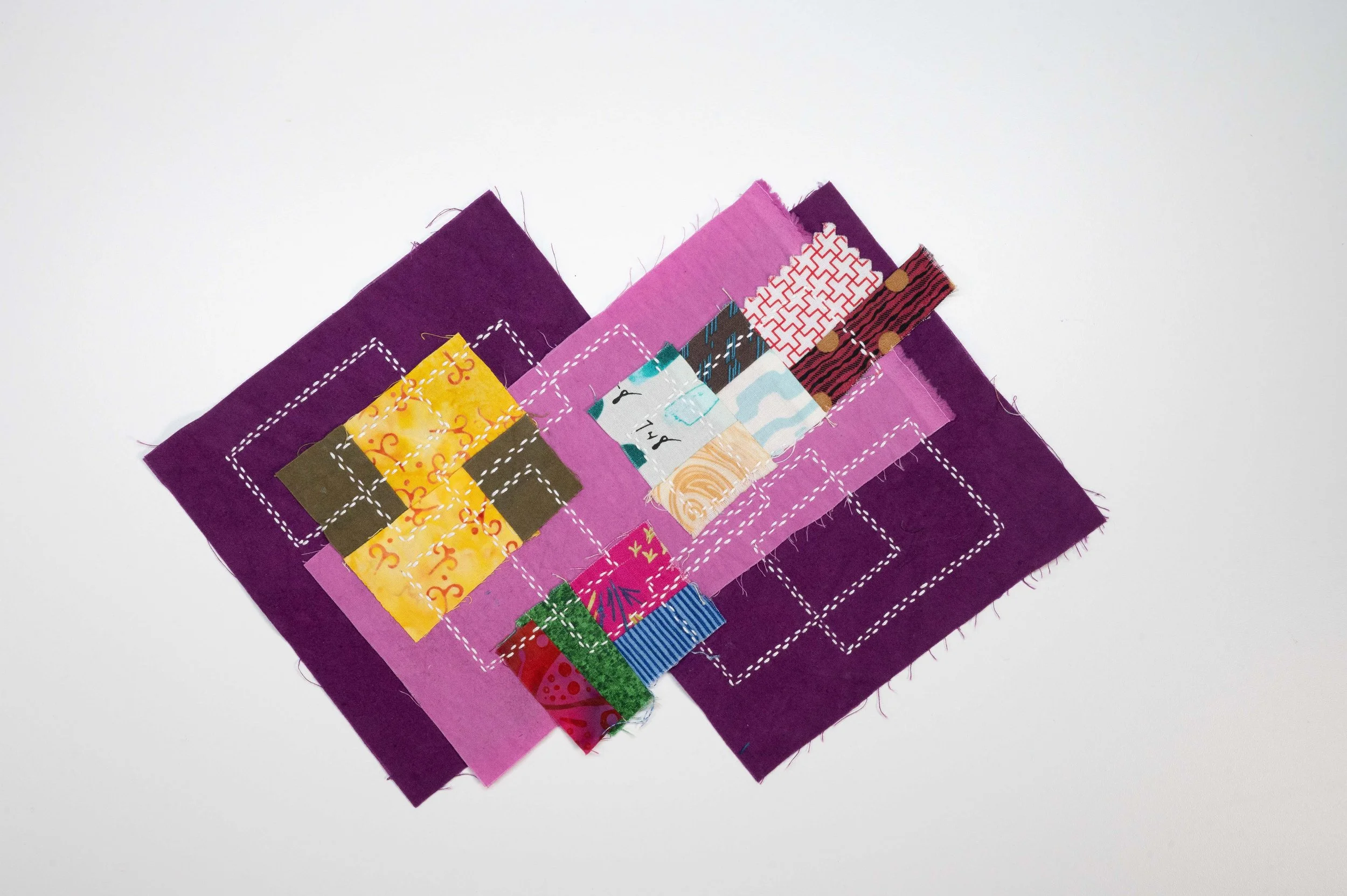 Boro'd Time No. 4 • 2025
• Improv pieced reclaimed and hand-dyed fabric, moyouzashi sashiko
• 6 x 6 in.
• Available
