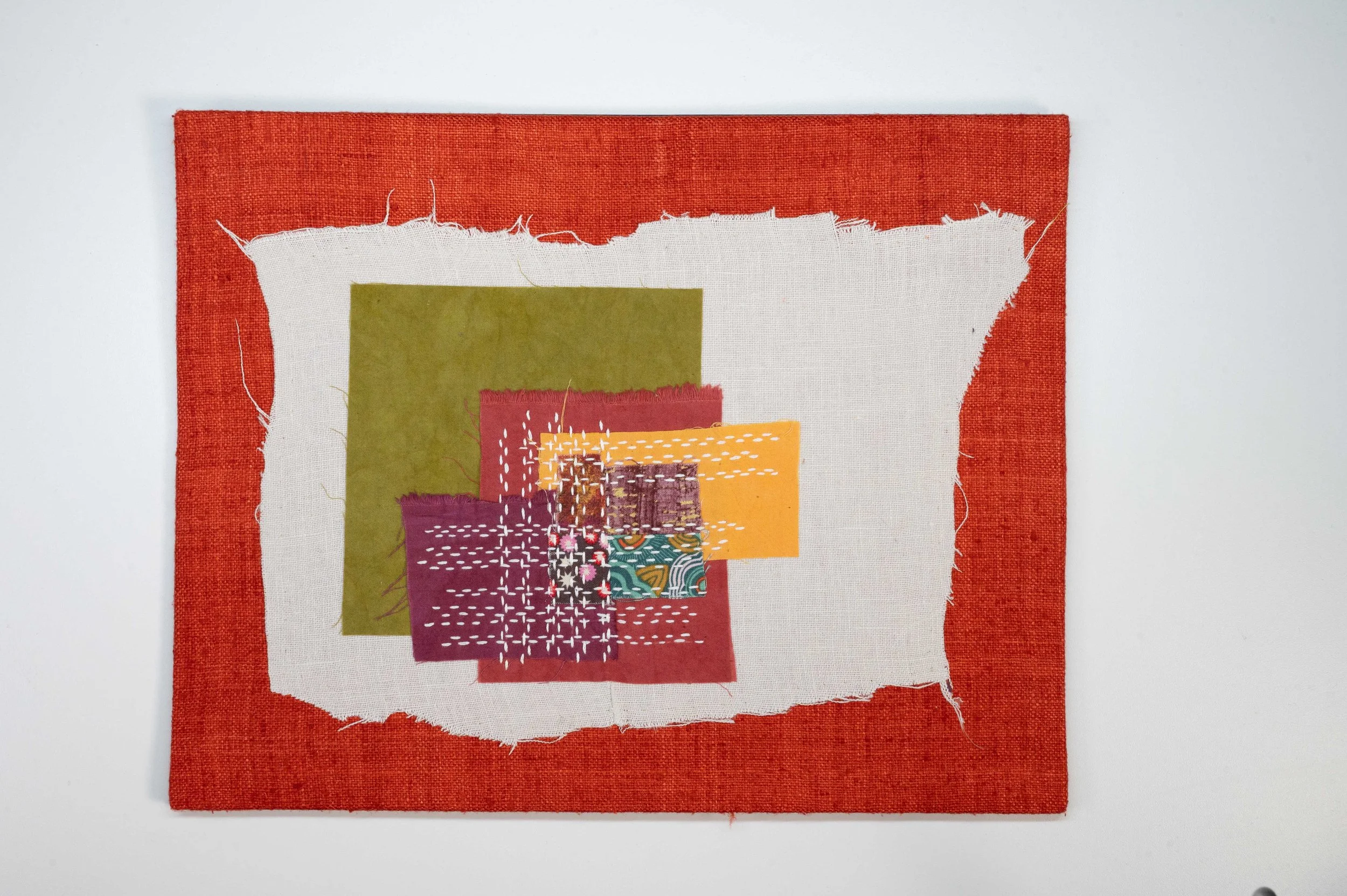 Unfinished Business No. 6 • 2025
• Improv pieced reclaimed and hand-dyed fabric, sashiko, Brussels Washer Linen, mounted on board
• 11 x 14 in.
• Available