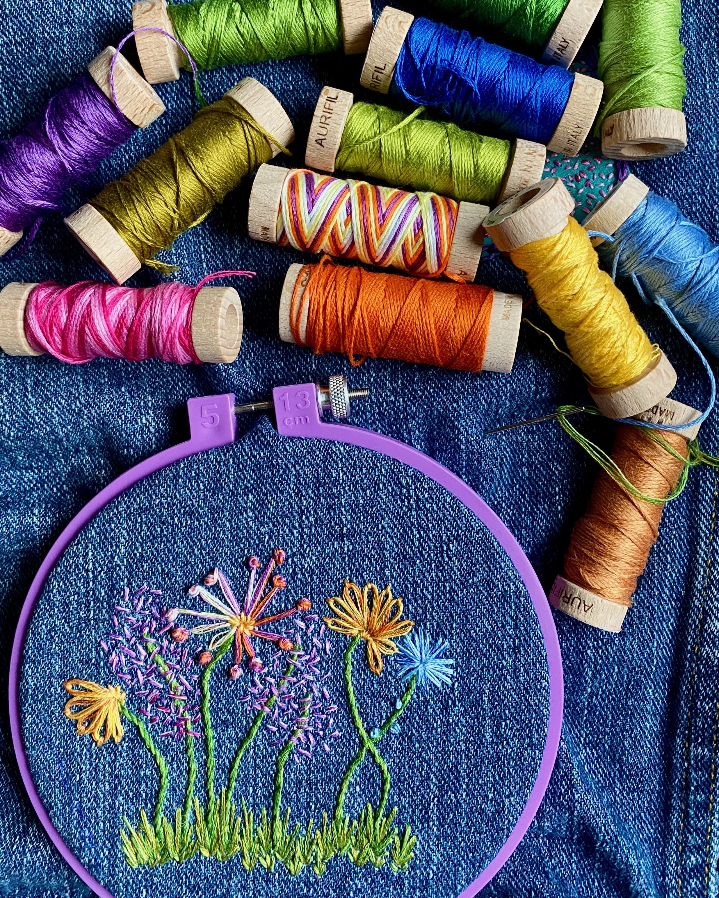 Aurifil floss and wildflower patch pattern from mending handbook