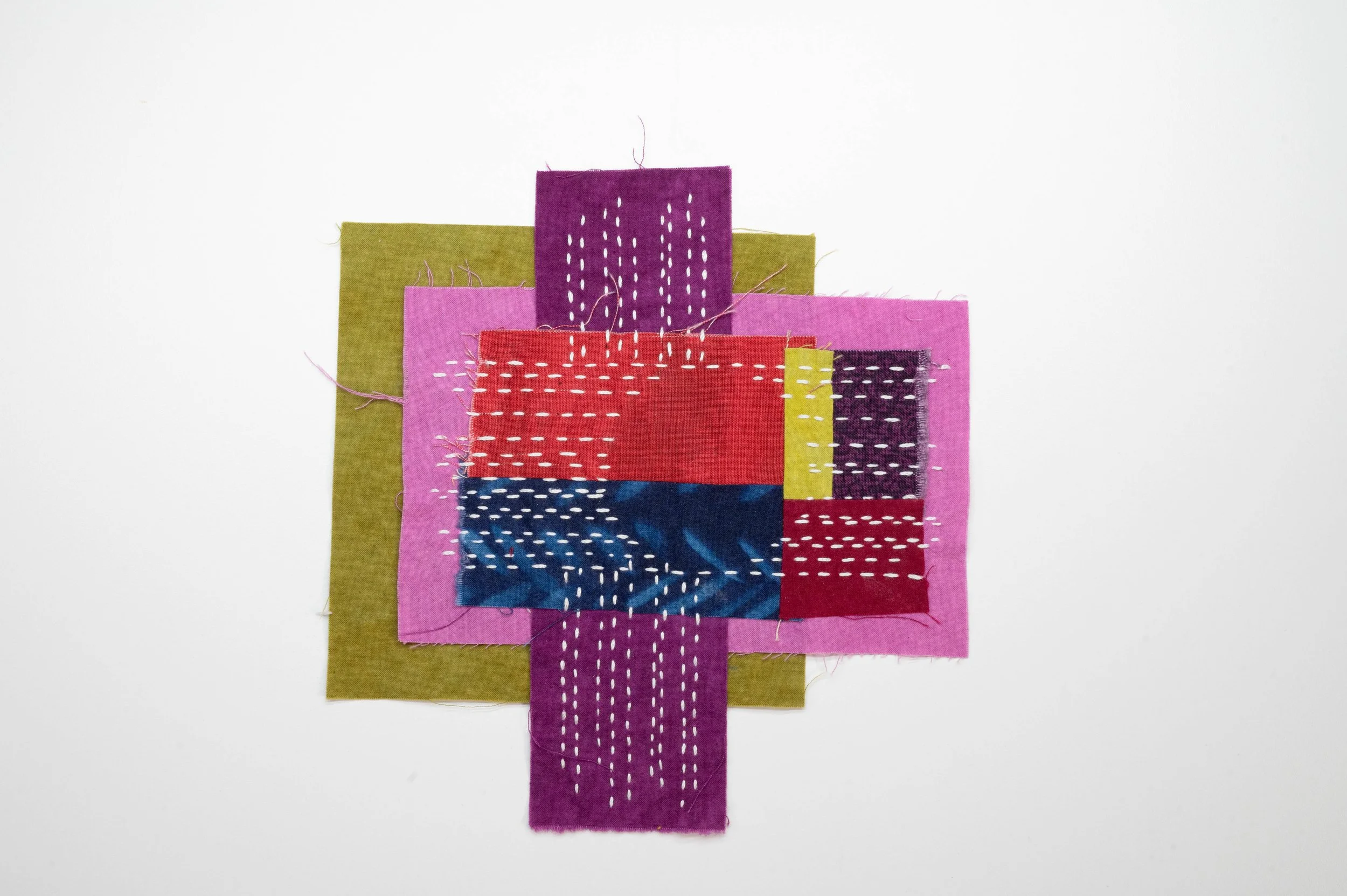 Boro'd Time No. 7 • 2025
• Improv pieced reclaimed and hand-dyed fabric, moyouzashi sashiko
• 6 x 6 in.
• Available