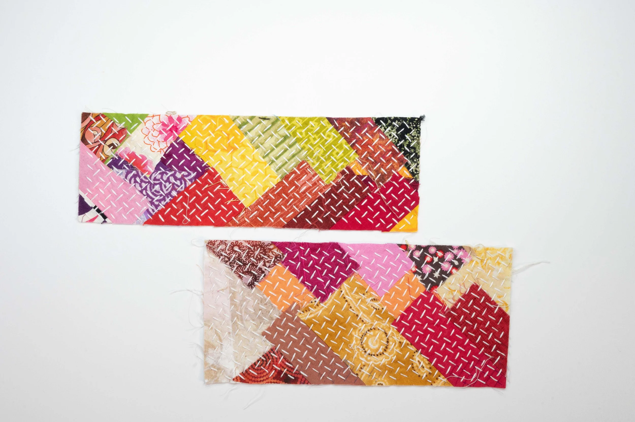Reclaimed Duo no. 2 • 2025
• Improv pieced reclaimed and hand-dyed fabric, hitomezasii sashiko
• 5 x 11 in. ea
• Available